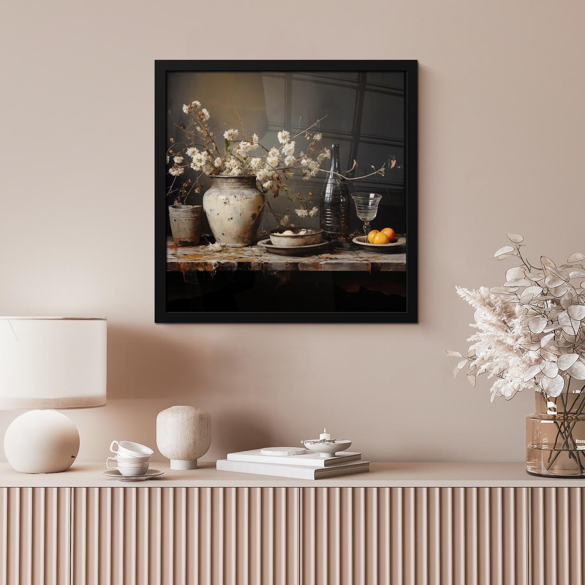 POSTER MIT RAHMENGERAHMTES BILD Stilleben - Blumen - Blumenstrauß - Vase - Wein 40x40 cm - Schwarz, Papier (40/40cm) - MuchoWow