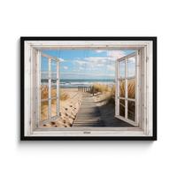 POSTER MIT RAHMENGERAHMTES BILD Fenster - Meer - Küste - Natur - Ausblick - Strand - Wattenmeer 80x60 cm - Beige, Papier (80/60cm) - MuchoWow