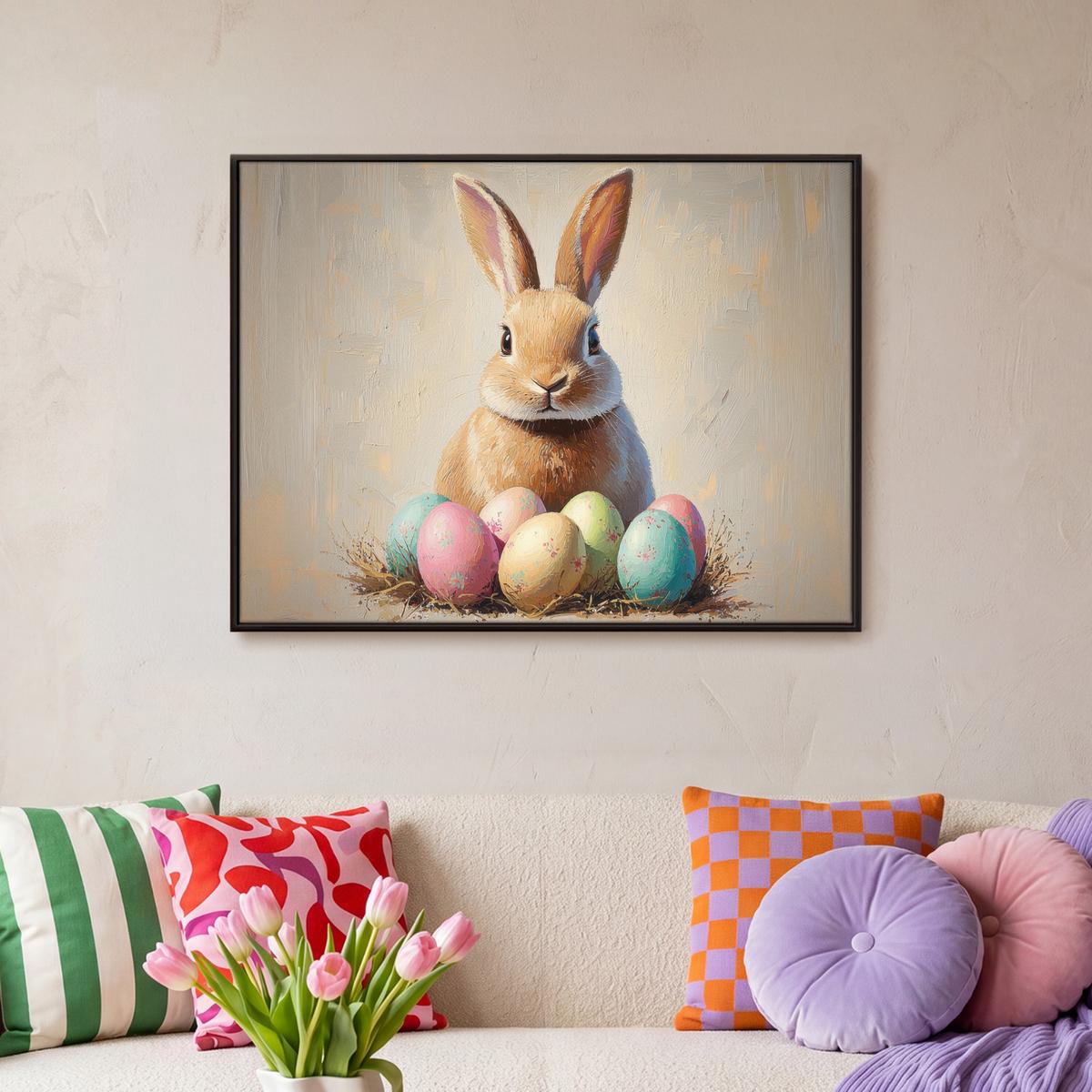 LEINWAND Bilder mit Rahmen - Osterhase - Pastell - Eier - 70x50 - Beige, Textil (70/50cm) - MuchoWow