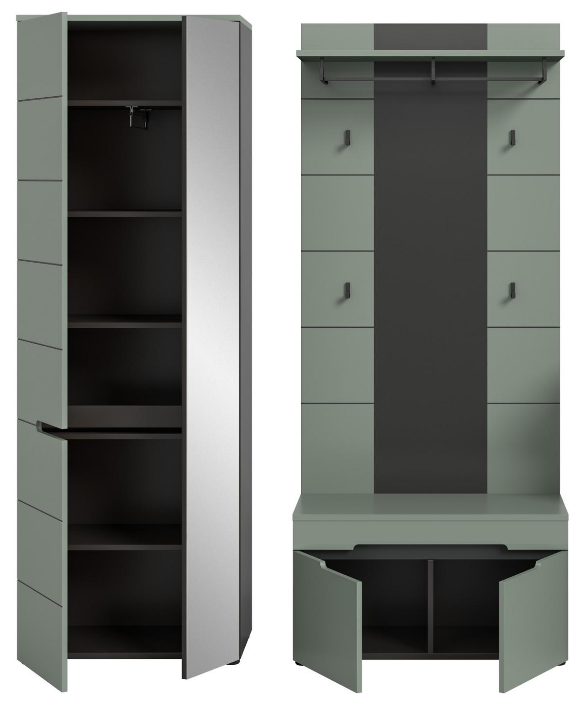 GARDEROBE-SET Salbei Grün und Grau, Garderobe 3-teilig 160 x 190 cm mit Soft-Close - Salbeigrün/Dunkelgrau, Holzwerkstoff/Kunststoff (160/190/37cm) - Inn.Furn