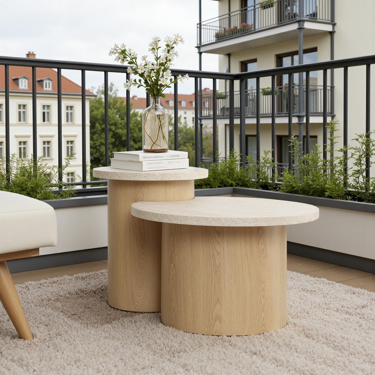 COUCHTISCH Rund 2er Set Holz mit Travertin-Optik, Ø60 & 40cm - Braun, Holzwerkstoff (60/85/47.5cm) - Hometopia