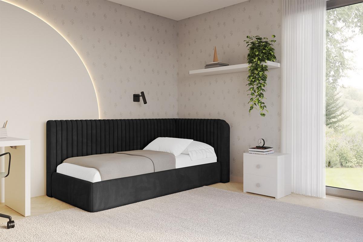 EINZELLBETT Jugendbett mit Bettkasten und Matratze H3/H4, Links - AURY 90x200 Schwarz - Schwarz, Holzwerkstoff/Textil (90/200cm) - ALTDECOR