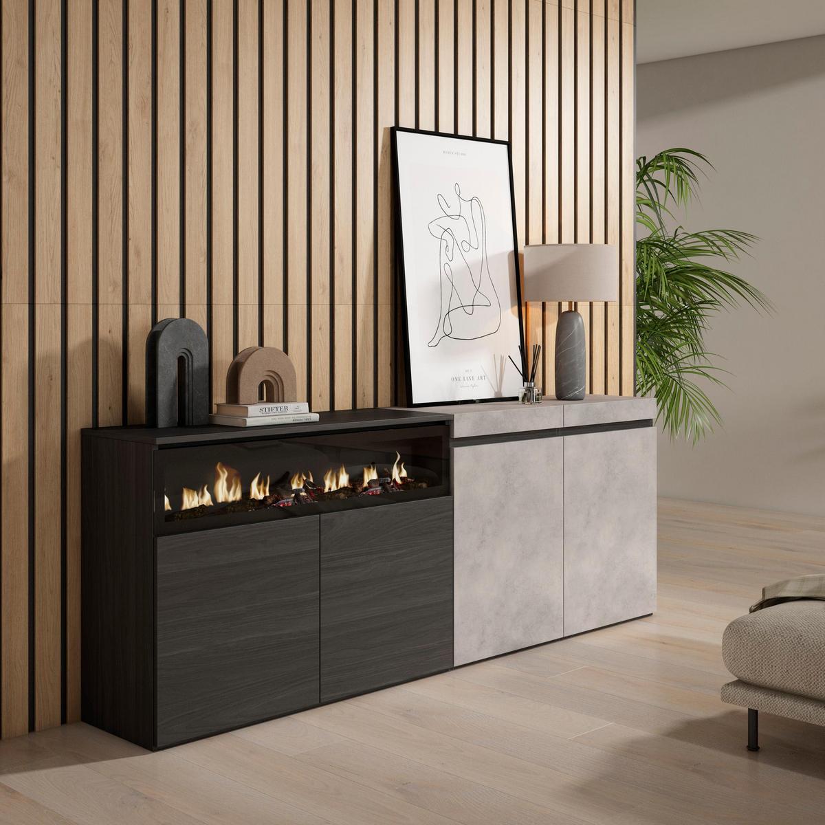 SIDEBOARD Elektrokamin, zementgrau, 200/35/75cm - Schwarz/Grau, Holzwerkstoff (200/75/35cm) - Skraut Home