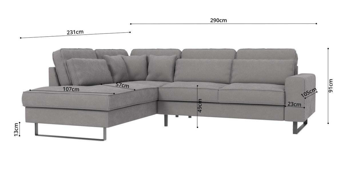 ECKSOFA Floe Hellgrau Cord - Hellgrau/Schwarz, Holz/Kunststoff (290/231cm) - S-Style Möbel