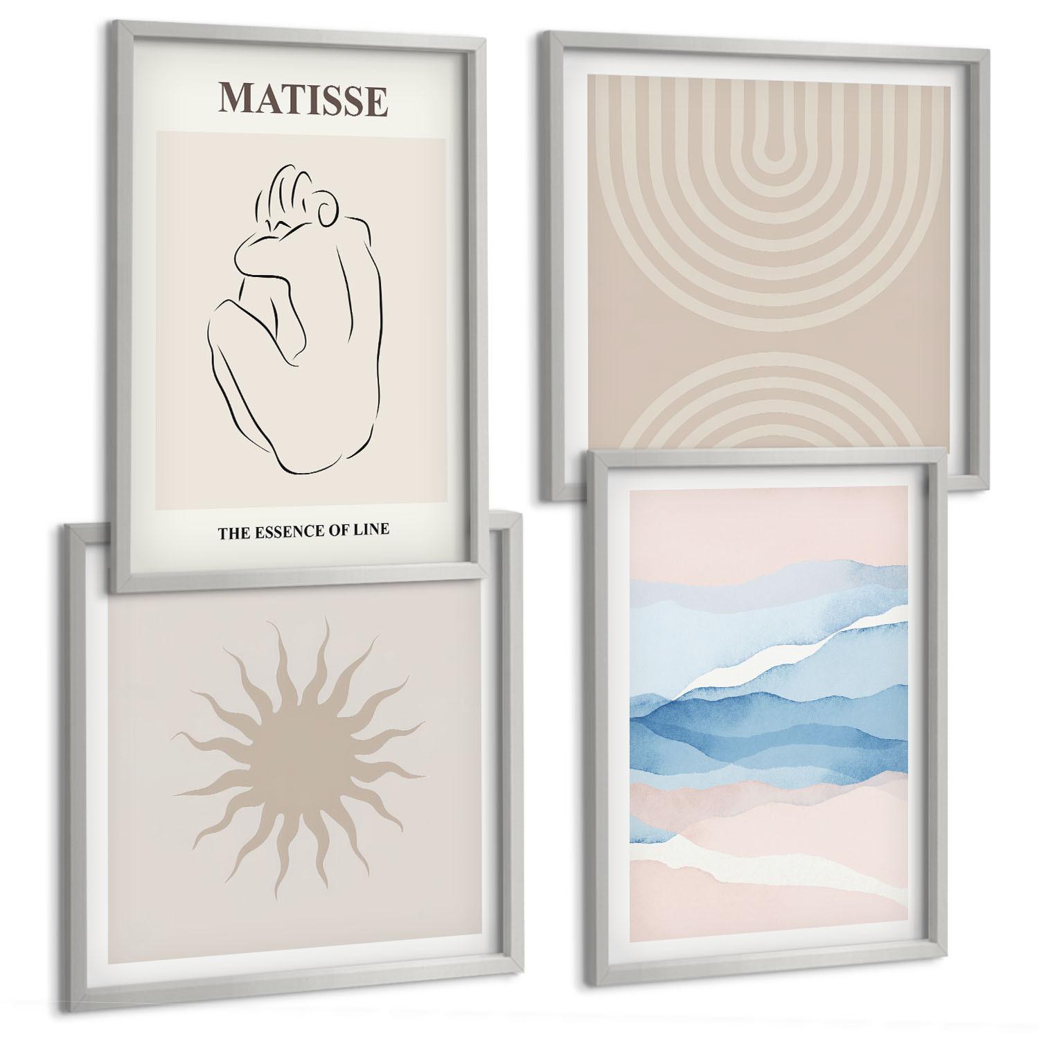 BILDER SET 4er Set - 50x50 cm & 40x60 cm Silberner Rahmen - Linien, Wellen, Pastellfarben, minimalistisch - Silberfarben, Kunststoff (50/50cm) - TULUP