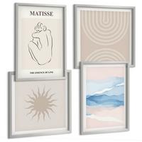 BILDER SET 4er Set - 50x50 cm & 40x60 cm Silberner Rahmen - Linien, Wellen, Pastellfarben, minimalistisch - Silberfarben, Kunststoff (50/50cm) - TULUP