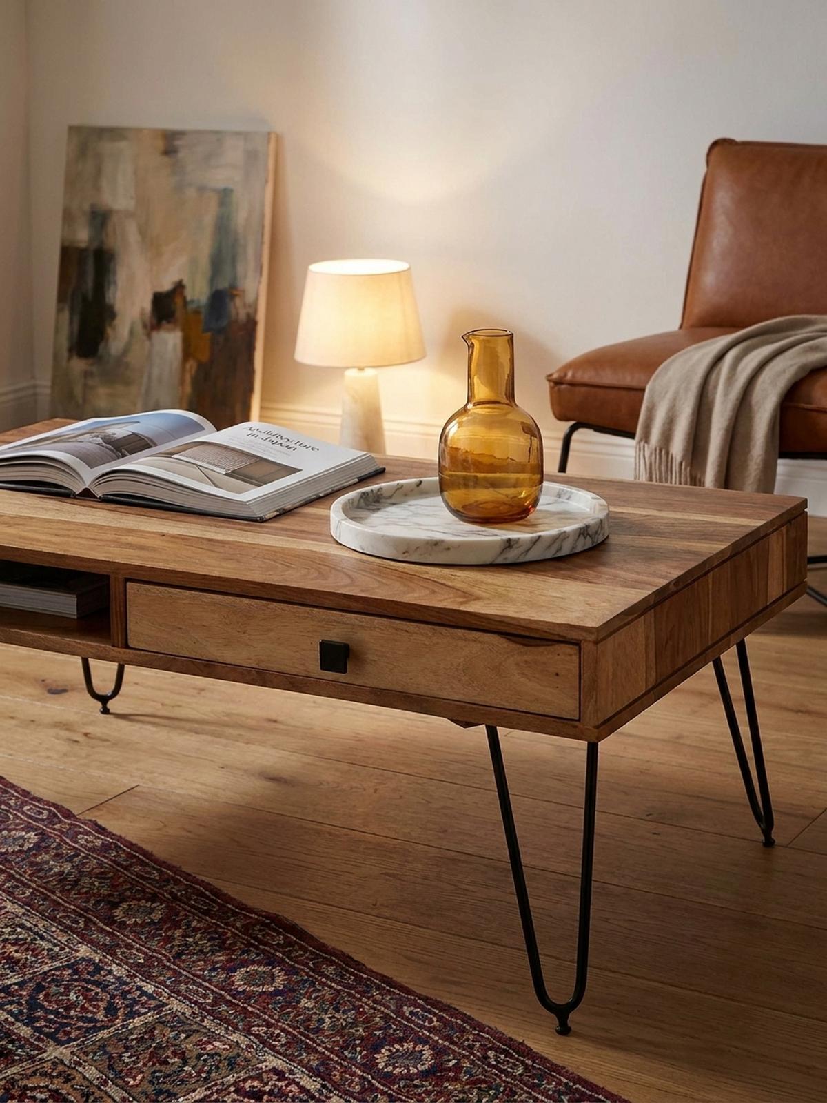 COUCHTISCH BALU mit Schubfächern aus Massivholz und Metallfüßen, leichter Aufbau, Beige 110x60x60 cm - Beige/Schwarz, Holz/Metall (60/110/60cm) - KADIMA DESIGN