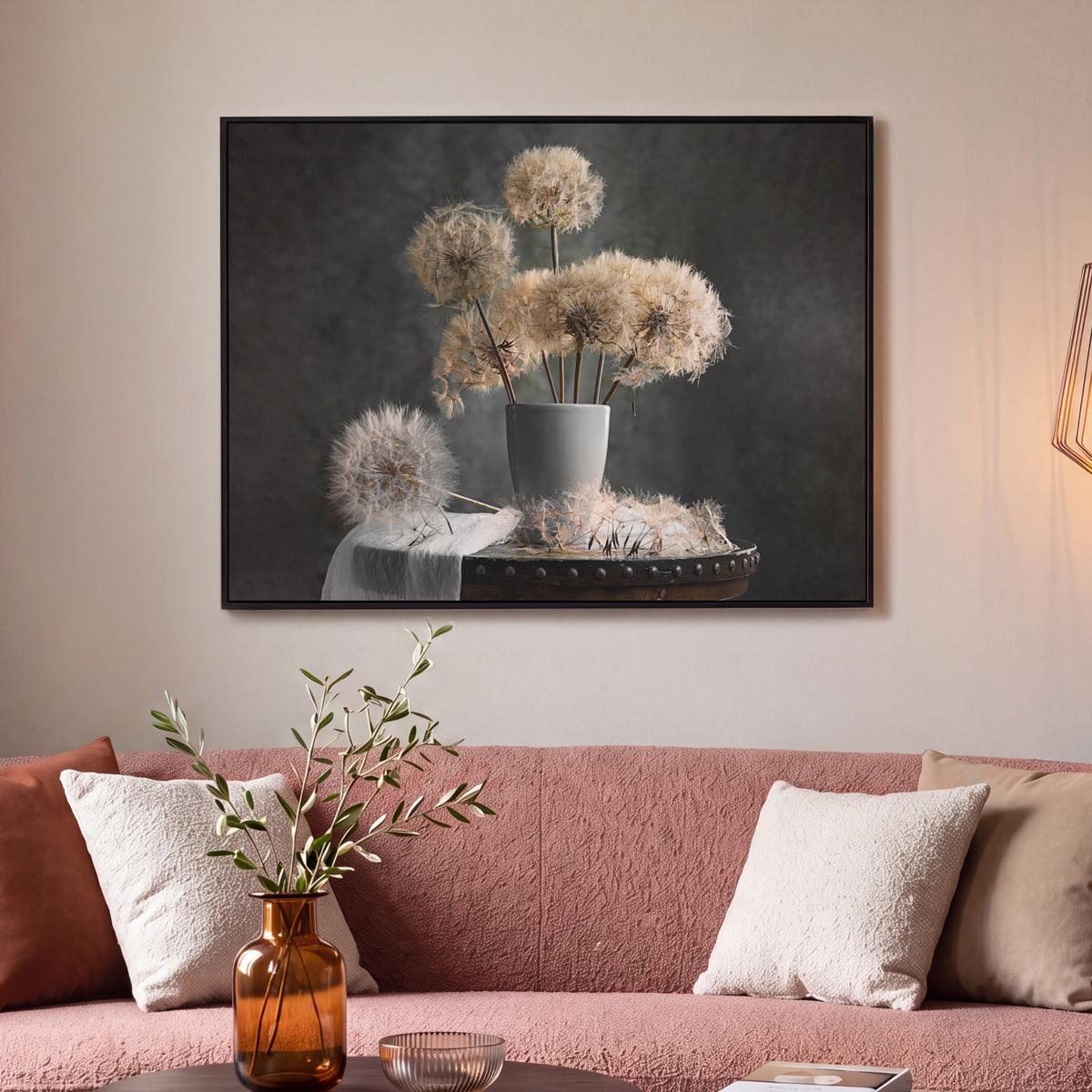 LEINWAND Bilder mit Rahmen - Blumensamen - Löwenzahn - Vase - Stilleben - Blumenstrauß - 100x70 - Dunkelgrau, Textil (100/70cm) - MuchoWow
