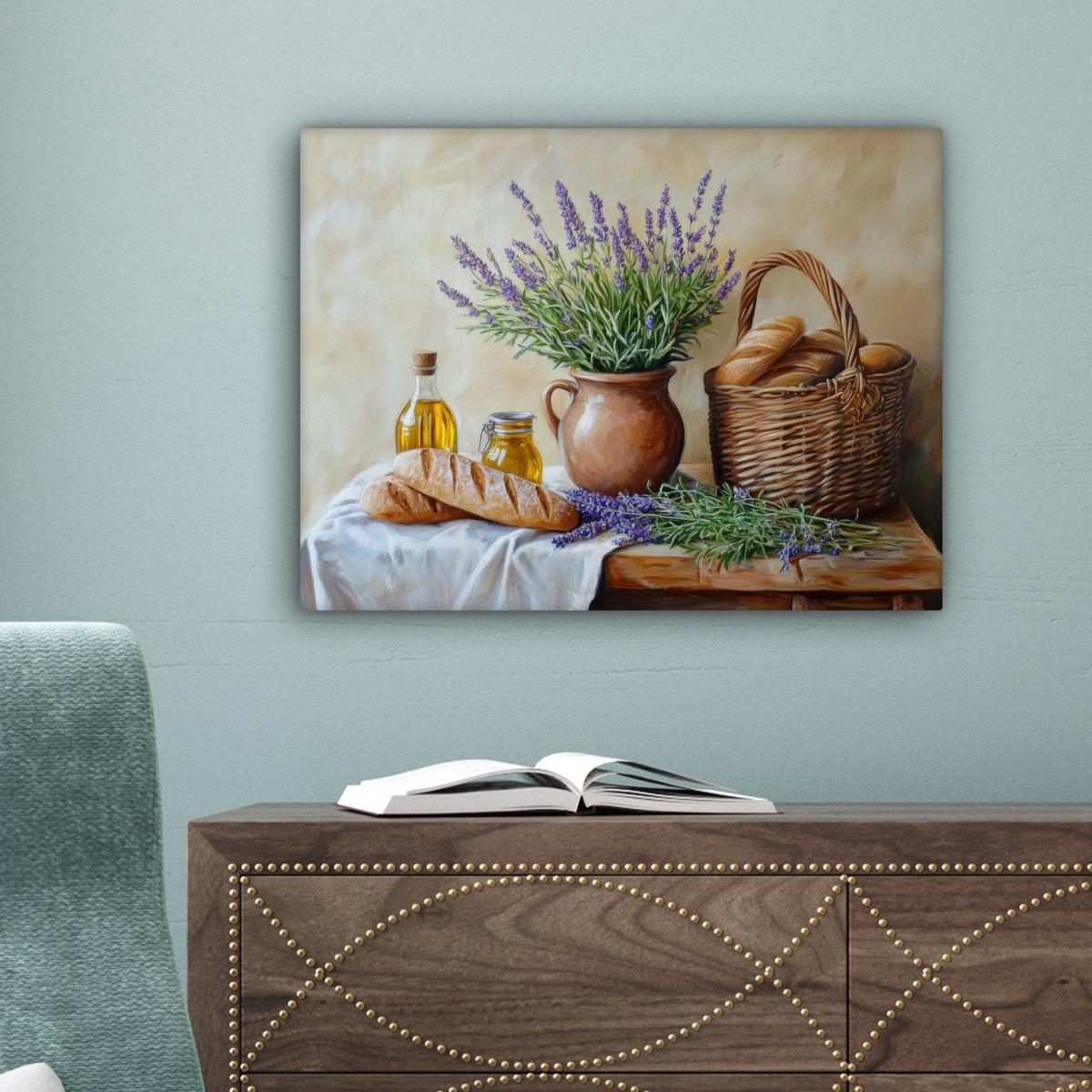 LEINWANDBILD Lavendel - Brot - Stilleben Wandbild 40x30 cm - Flieder, Textil (40/30cm) - MuchoWow