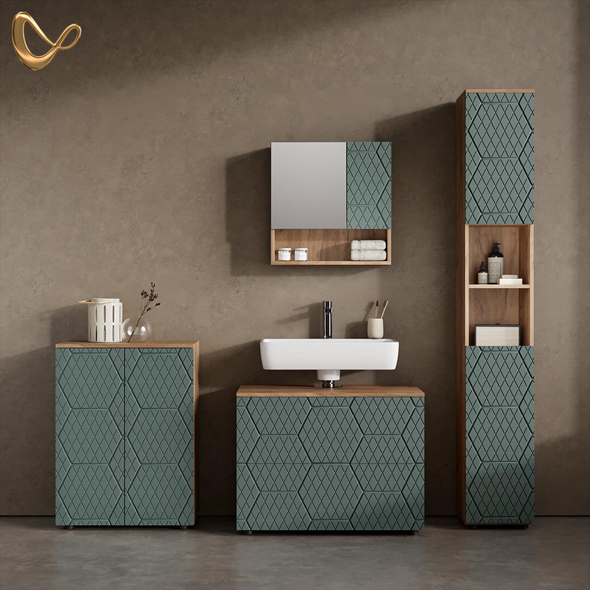 BADMÖBEL-SET Ronco Grün/Goldkraft Eiche 4 Teile, mit Schubladenschrank und Midischrank - Honigeiche/Grün, Holzwerkstoff (80/58/41cm) - Livinity®