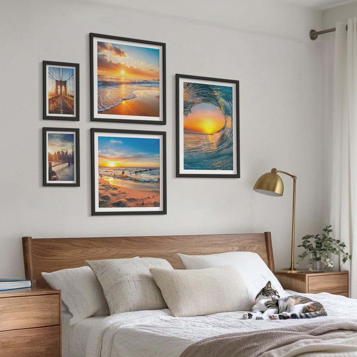 BILDER SET 5er Set - 50x50 cm & 20x30 cm & 40x60 cm Schwarzer Rahmen - Brücken, Sonnenuntergänge, Stadt - Schwarz, Kunststoff (40/60cm) - TULUP