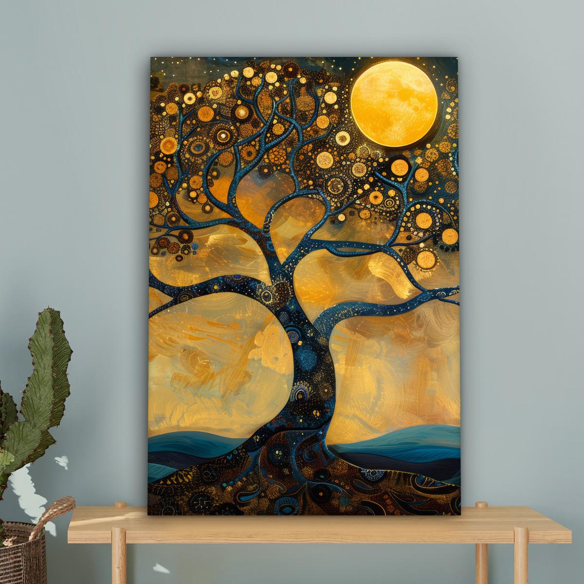 LEINWANDBILD Baum - Mond - Blumen - Gold - Kunst Wanddeko Schlafzimmer 60x90 cm - Orange, Textil (60/90cm) - MuchoWow