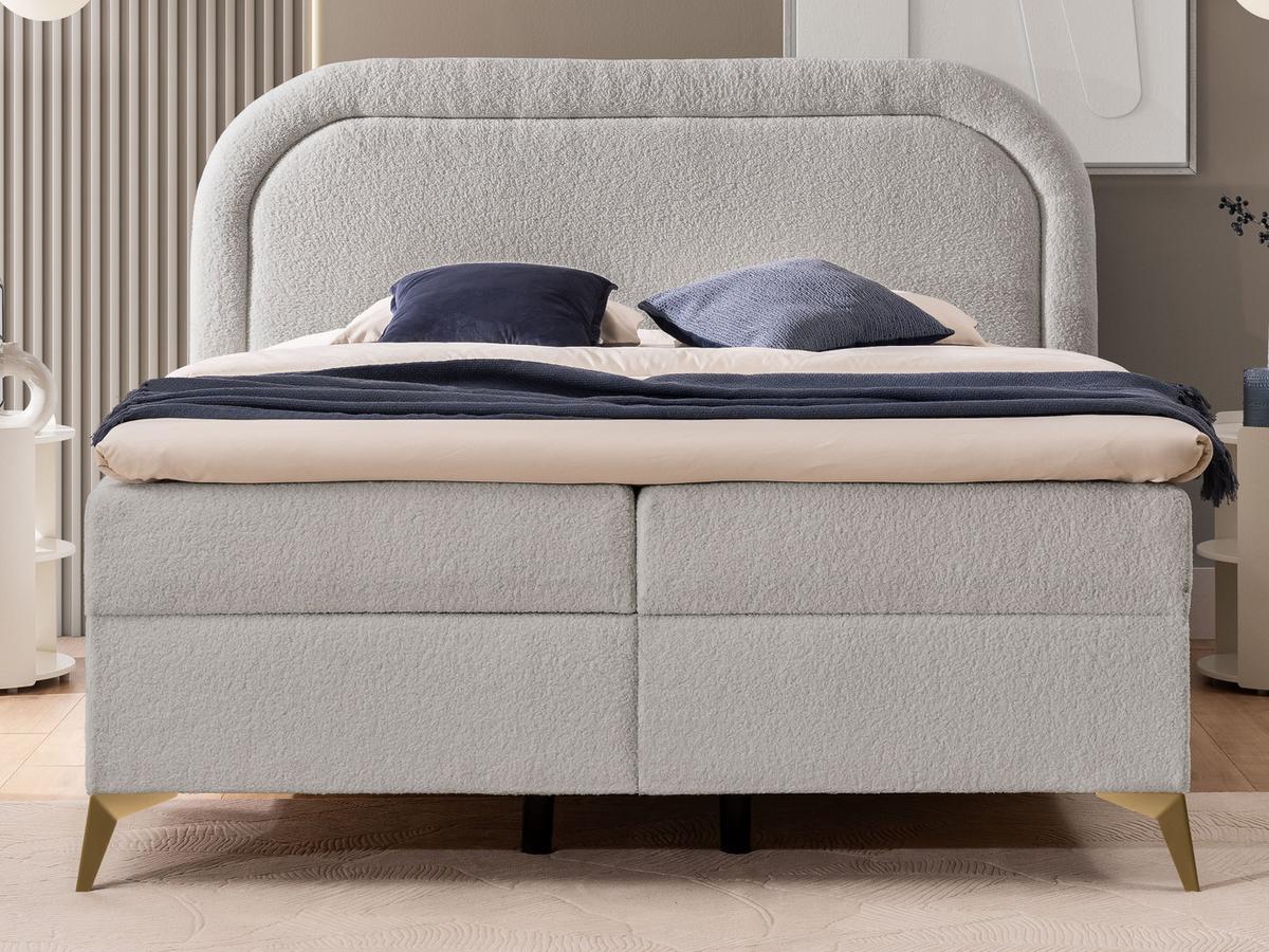 BOXBETT Sonna 180/200 cm Hellgrau Bouclé-Stoff mit abgerundetem Kopfteil und mit goldenen Metallfüßen - Goldfarben/Hellgrau, Holz/Textil (180/200cm) - S-Style Möbel