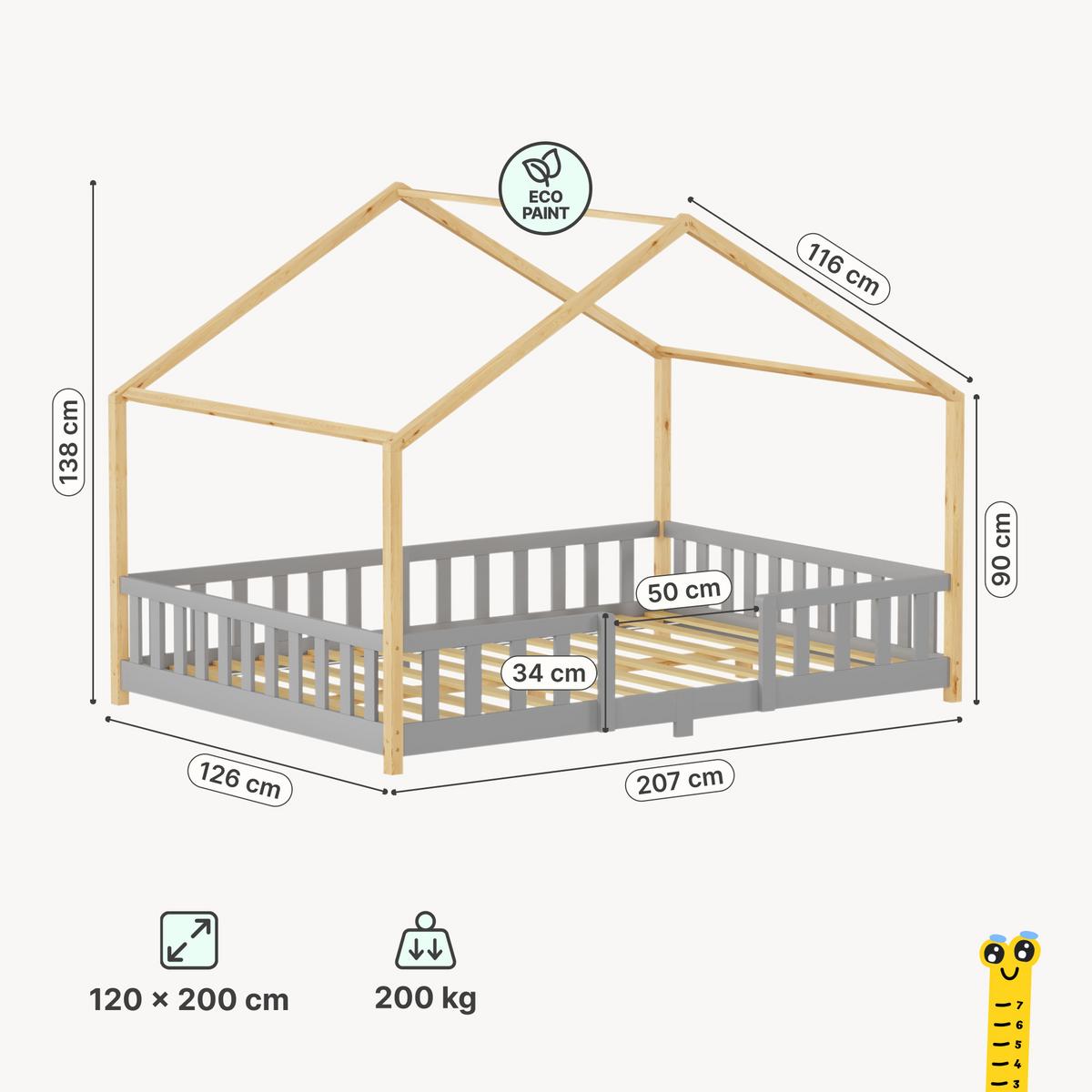 HAUSBETT Treviolo - Hellgrau/Naturfarben, Holz (120/200cm) - [en.casa]