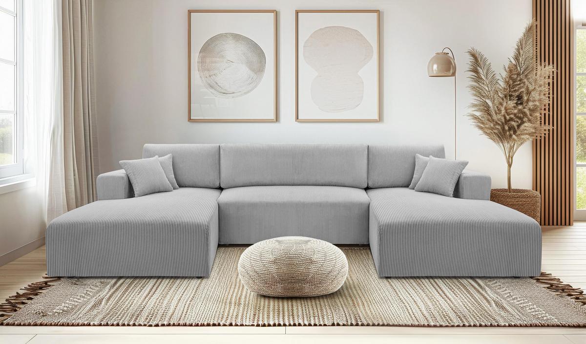WOHNLANDSCHAFT Catea Hellgrau 364/145/85 cm mit Schlaffunktion - Hellgrau/Schwarz, Kunststoff/Textil (364/84/145cm) - AX Living