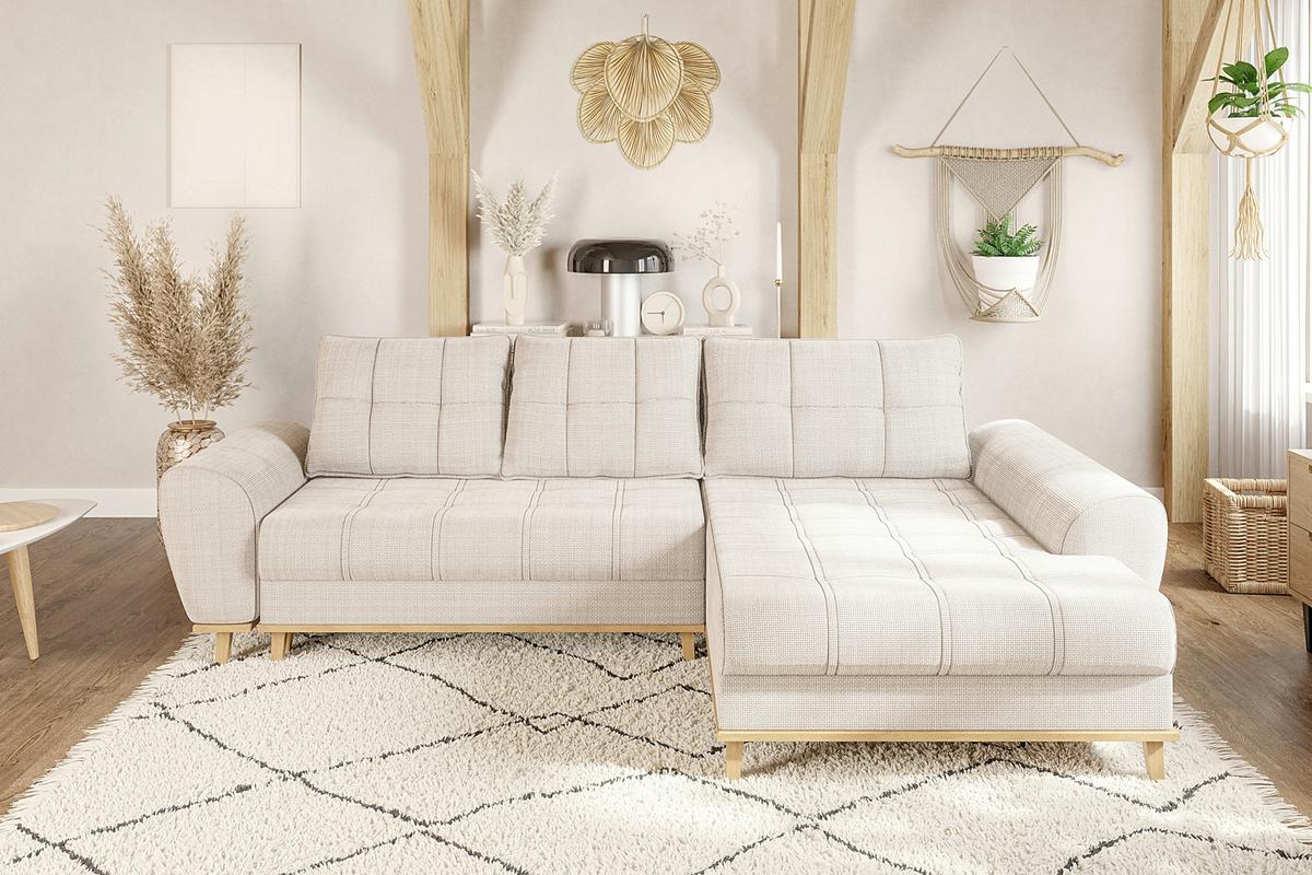 ECKSOFA im Scandi-Stil, Schlaffunktion, Bettkasten B268/T175/H86 cm, Ottomane rechts, Liegefl. 128x209 cm, Bouclé Chenille Stoff in Beige / 21013 - Eichefarben/Beige, Holz/Textil (268/175cm) - luma-home