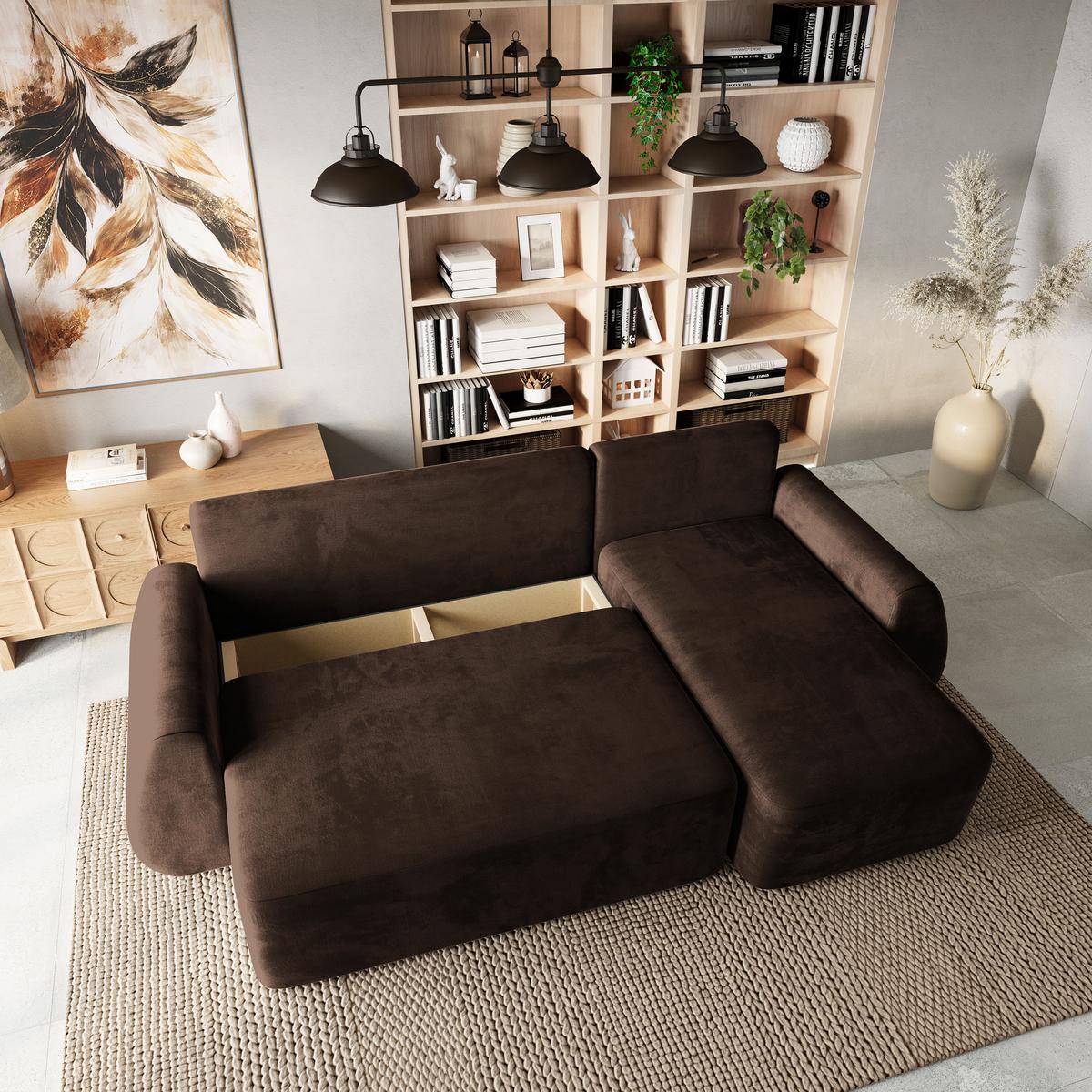 ECKSOFA GALVIS Braun Velours-Stoff mit Schlaffunktion - Braun, Holz (256/156cm) - MASSENO