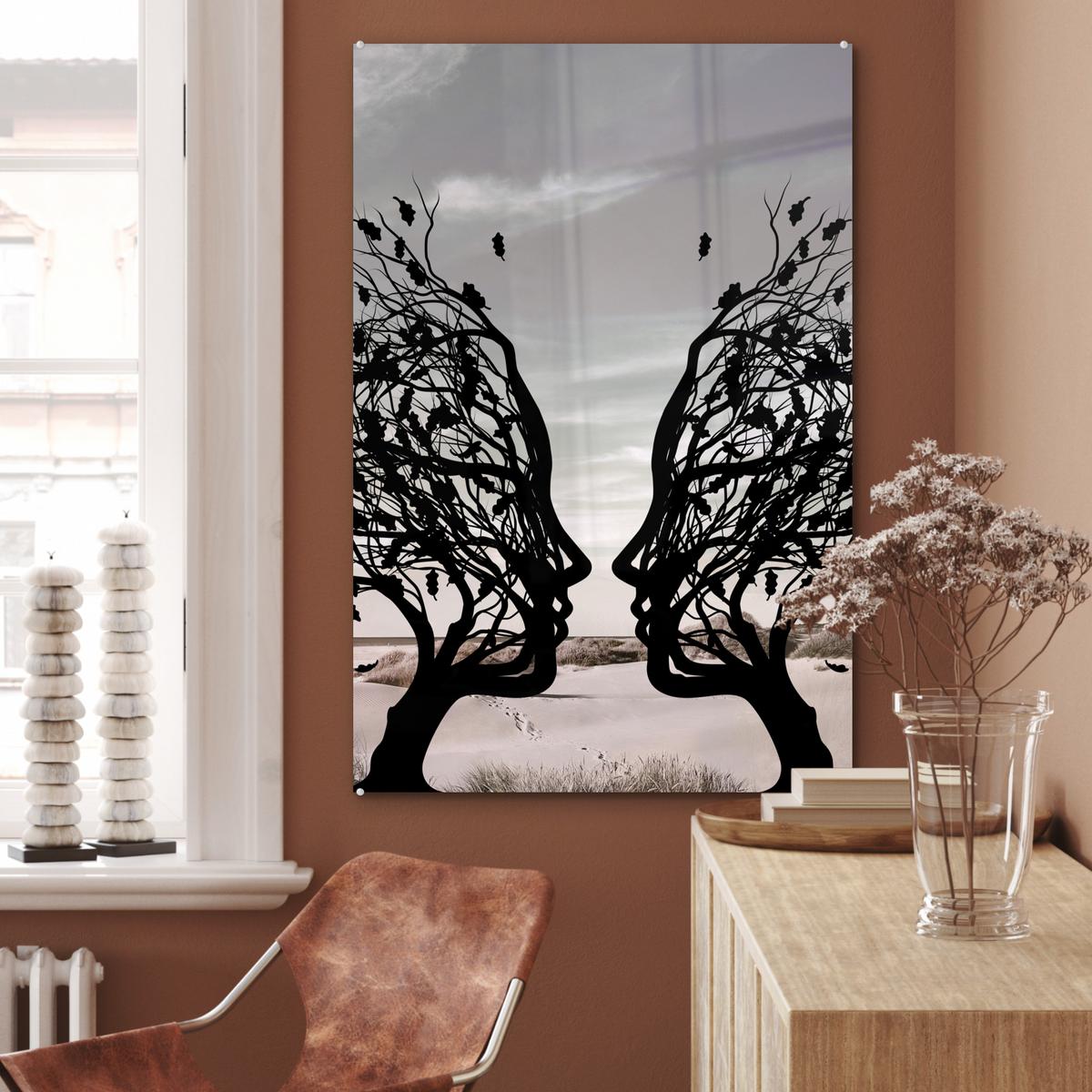ACRYLGLASBILD Strand - Meer - Menschen - Baum - Moderne Kunst 80x120 cm - Hellgrau, Glas (80/120cm) - MuchoWow