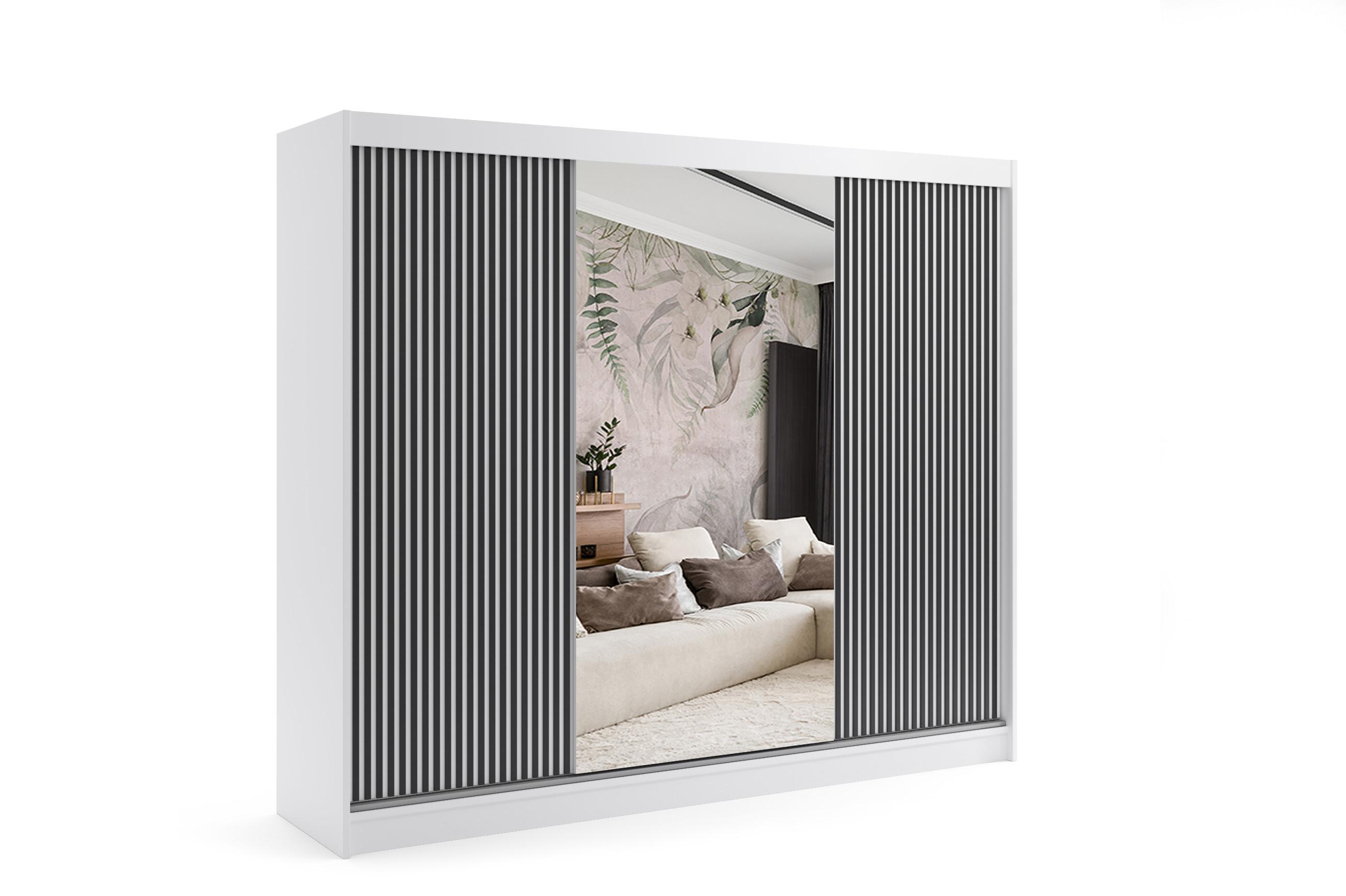 KLEIDERSCHRANK VILAN mit Spiegel/LED - 250 cm - Weiß|Schwarz - Schwarz/Weiß, Holzwerkstoff (250/215/61cm) - ALTDECOR