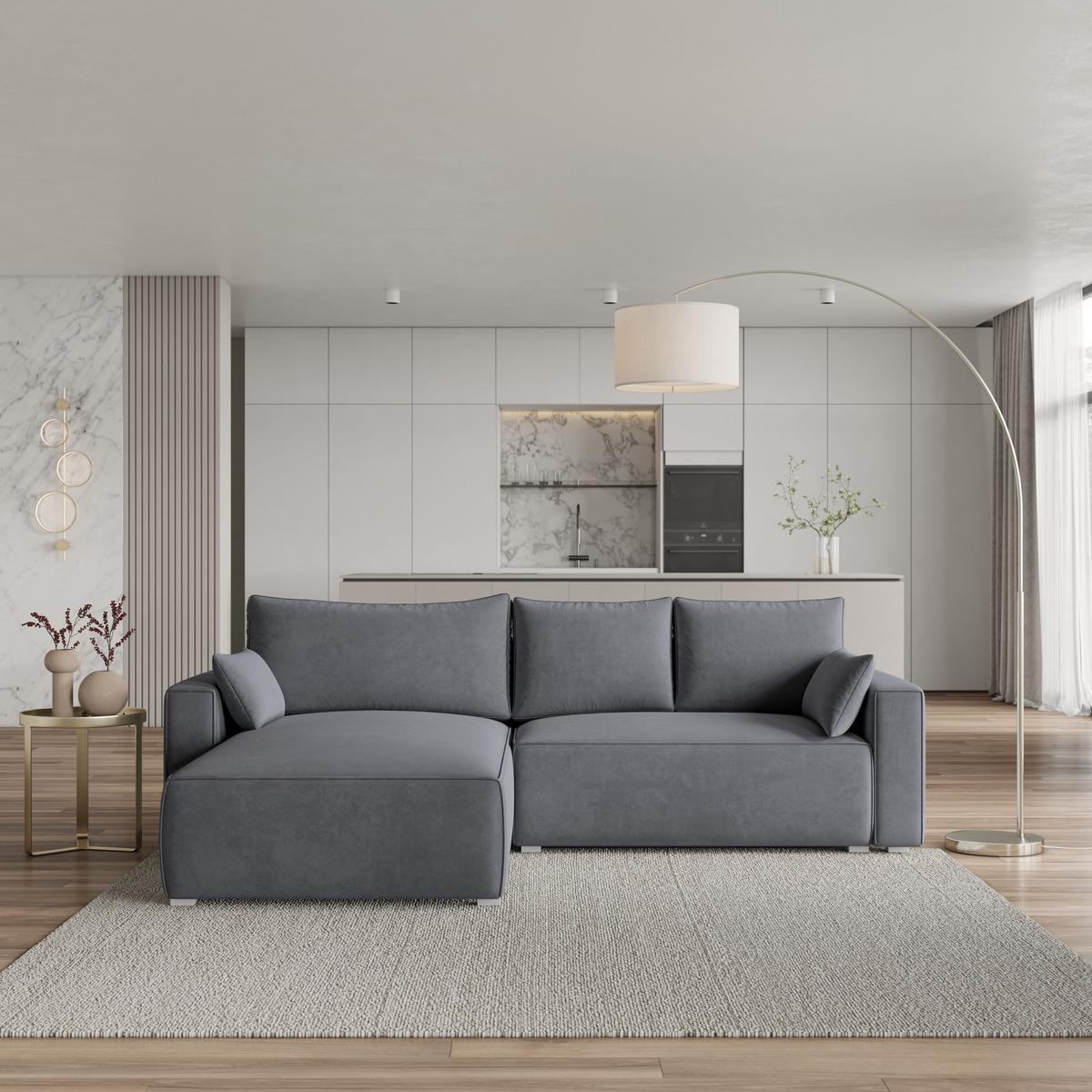 ECKSOFA FORIL Grau Velours-Stoff mit Schlaffunktion - Grau, Holz/Kunststoff (265/178cm) - MASSENO