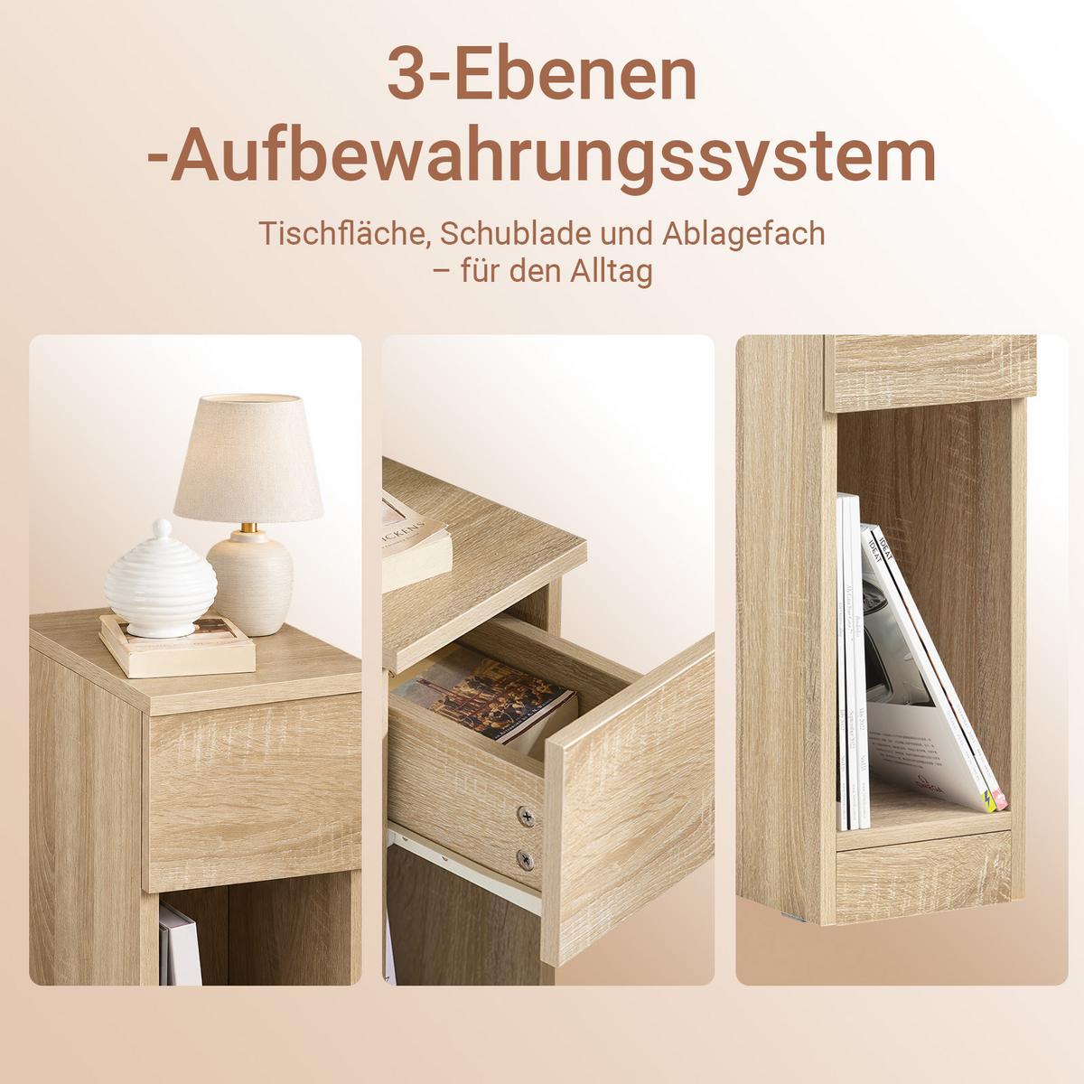 NACHTTISCH schmal mit Schublade, Natur, Konsolentisch, 20x35x60 cm, nur 20 cm tief, offene Fächer, Flur/Sofa/Büro/Balkon - Naturfarben, Holzwerkstoff (20/60/35cm) - SoBuy