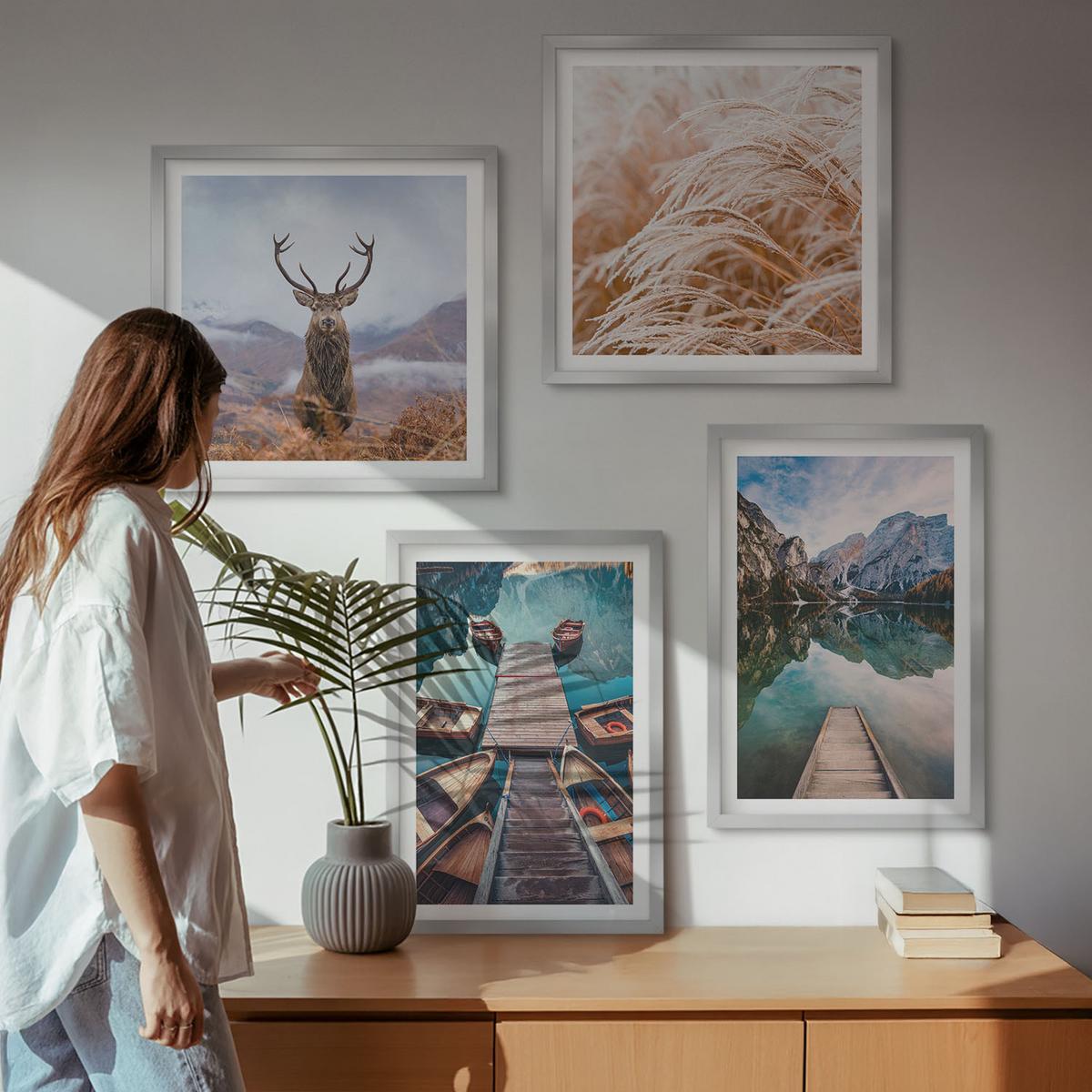 BILDER SET 4er Set - 50x50 cm & 40x60 cm Silberner Rahmen - Seeboote Hirsche Berge - Silberfarben, Kunststoff (50/50cm) - TULUP