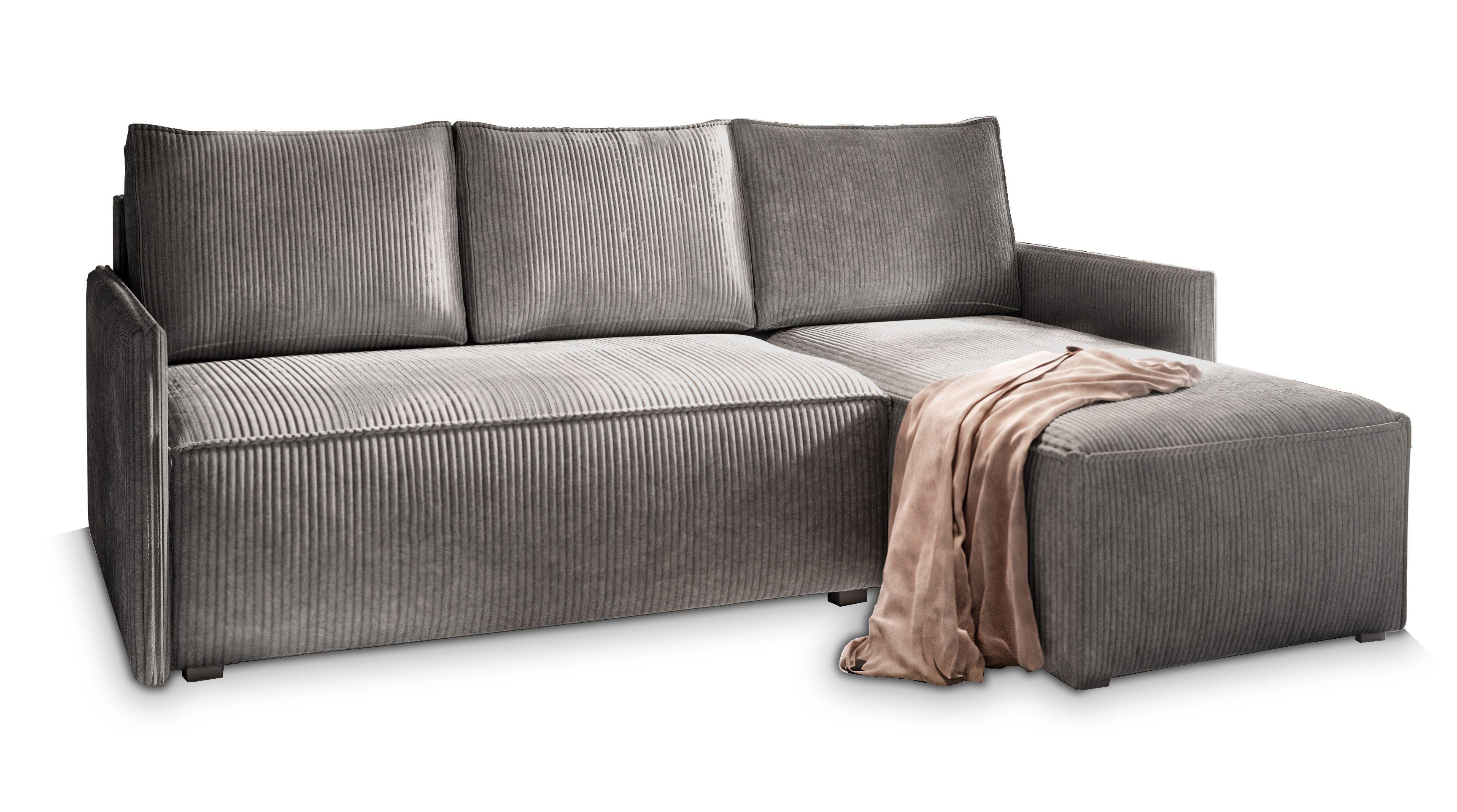 ECKSOFA PERUSI Grau Kordstoff mit Schlaffunktion - Grau, Holz/Kunststoff (206/143cm) - MASSENO