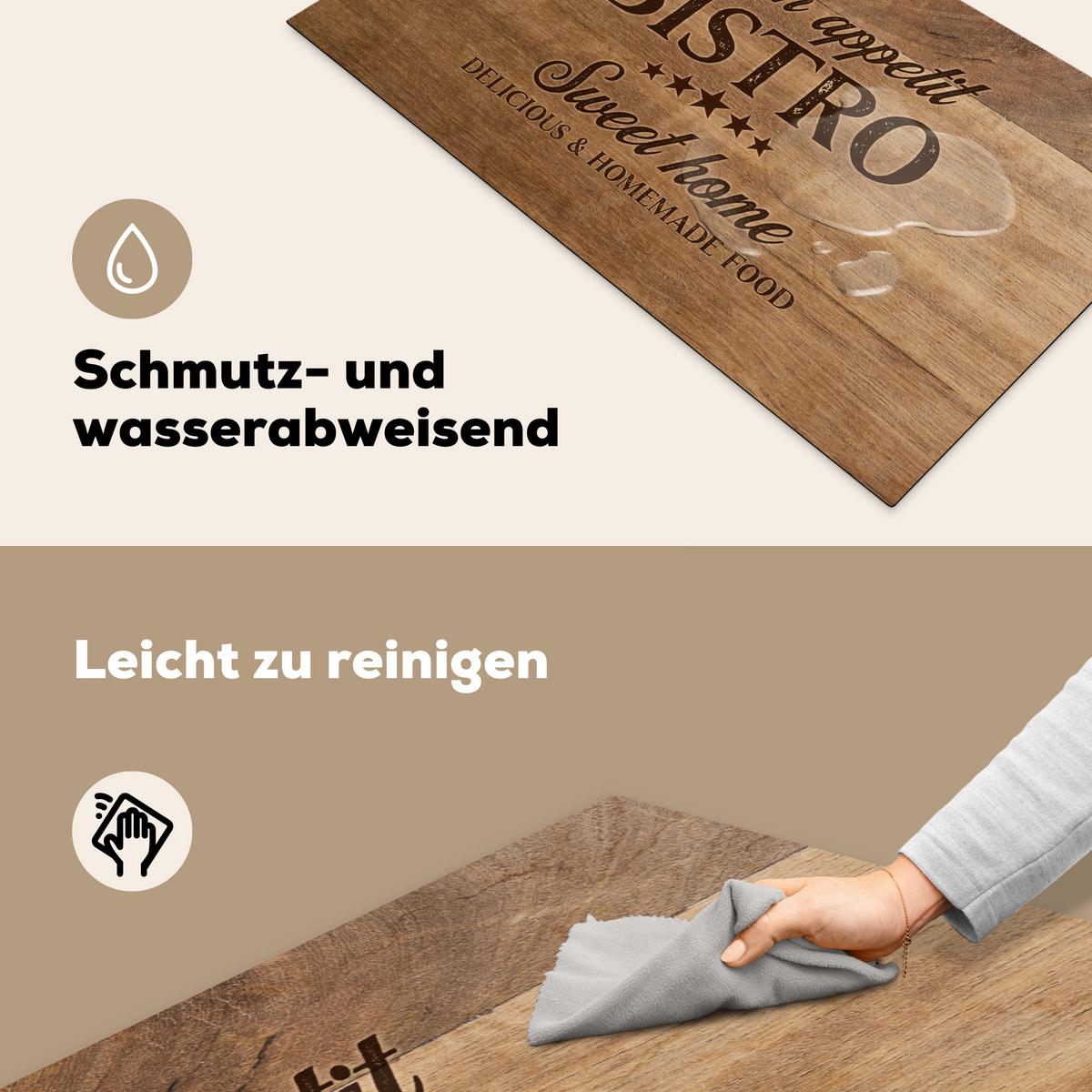HERDABDECKPLATTE Zitat - Bistro - Guten Appetit - Süßes Zuhause - Holzmaserung Ceranfeldabdeckung 90x52 cm - Braun, Kunststoff (90/52/0.2cm) - MuchoWow