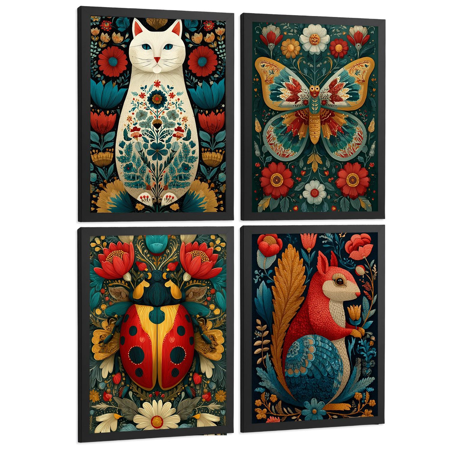 POSTER 4er-Set farbenfrohe Kunstdrucke im Folk-Art-Stil, Tiere und Blumen-Dekorationsbilder, im botanischen Stil für Wohnzimmer Schwarzer Rahmen A4 - Schwarz, Papier (29.7/21/3cm) - Nacnic