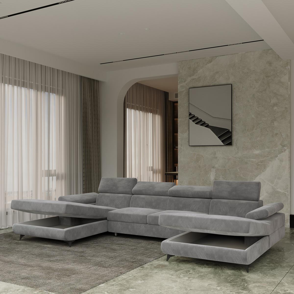 WOHNLANDSCHAFT DETTI Grau Velours-Stoff mit Schlaffunktion - Grau, Holz (339/89/190cm) - MASSENO