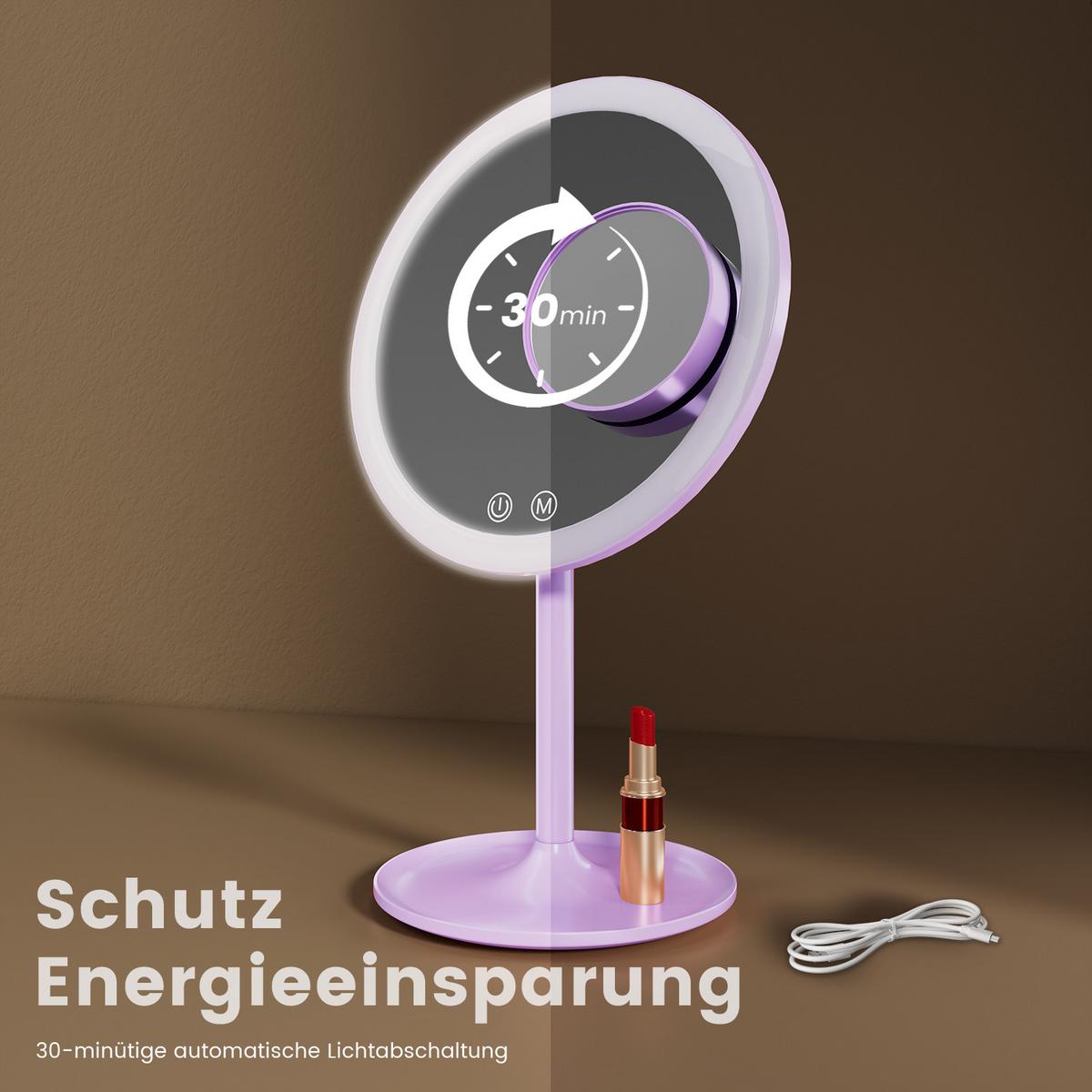 KOSMETIKSPIEGEL mit Licht mit Abnehmbare Saugnapfes, Violett, φ20 cm - Lila, Glas (20/35/20cm) - EMKE