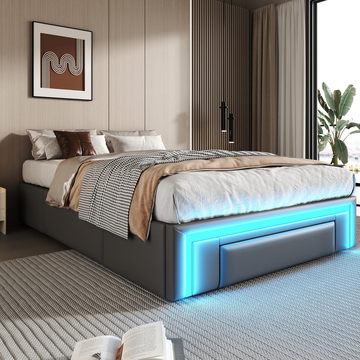 BETT mit Schubladen und LED 90X200 CM - Grau, Holzwerkstoff/Textil - Urban Meuble