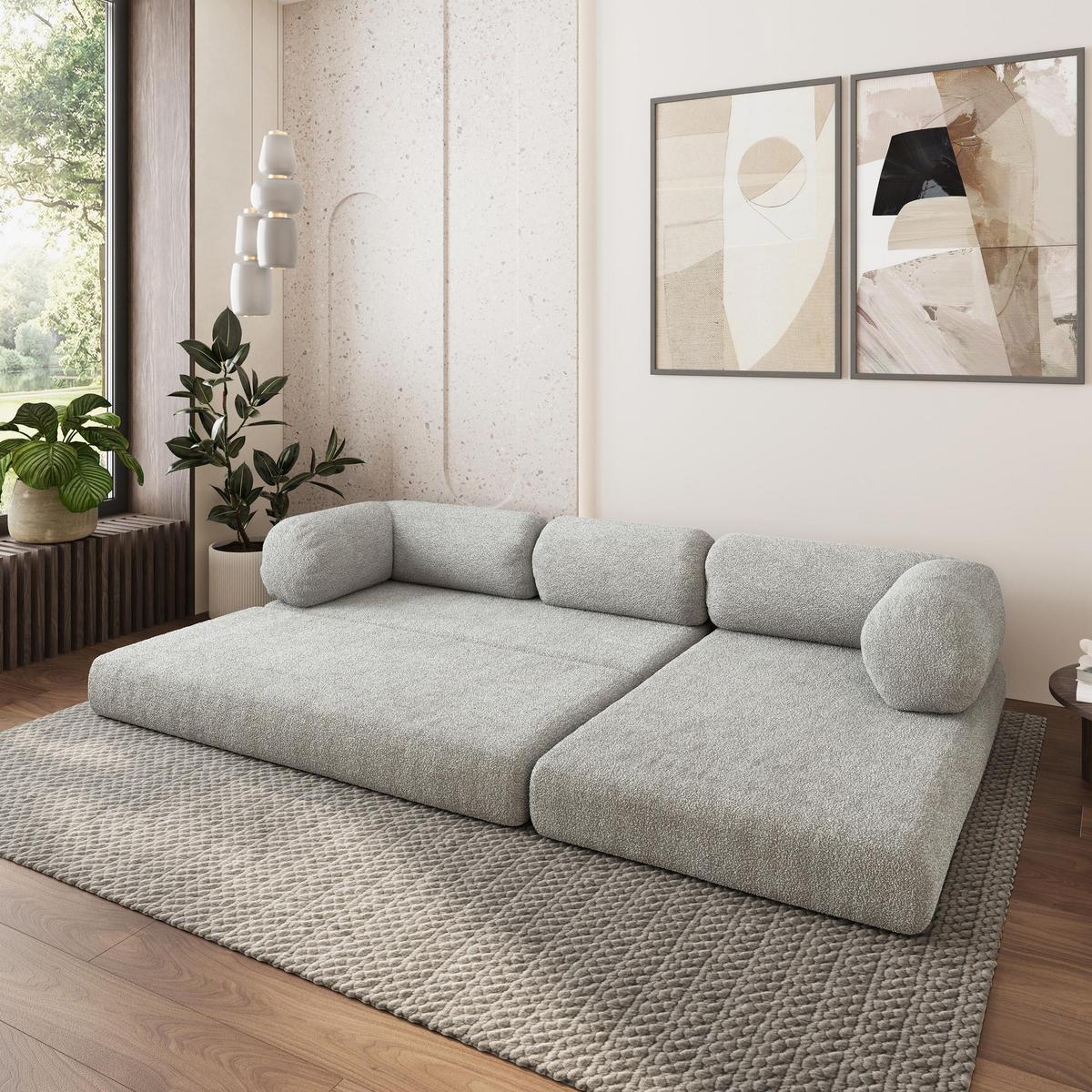 ECKSOFA KELI modulares Boneless Sofa mit Schlaffunktion Hellgrau Boucle-Stoff - Hellgrau, Textil (270/160cm) - MASSENO