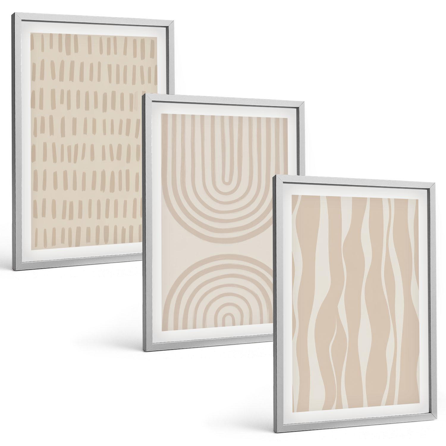BILDER SET 3er Set - 40x60 cm Silberner Rahmen - Abstrakte beige Muster - Silberfarben, Kunststoff (40/60cm) - TULUP