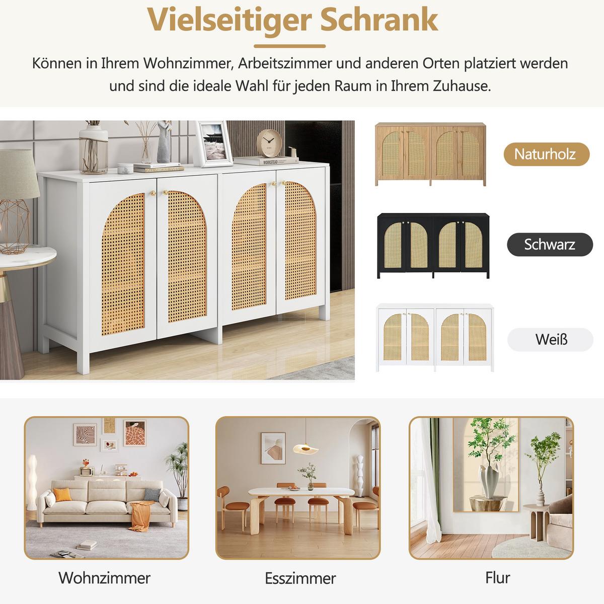 SIDEBOARD mit Kunst-Rattan-Türen Verstellbaren Regalen - Weiß, Holzwerkstoff (145/40/80cm) - Urban Meuble