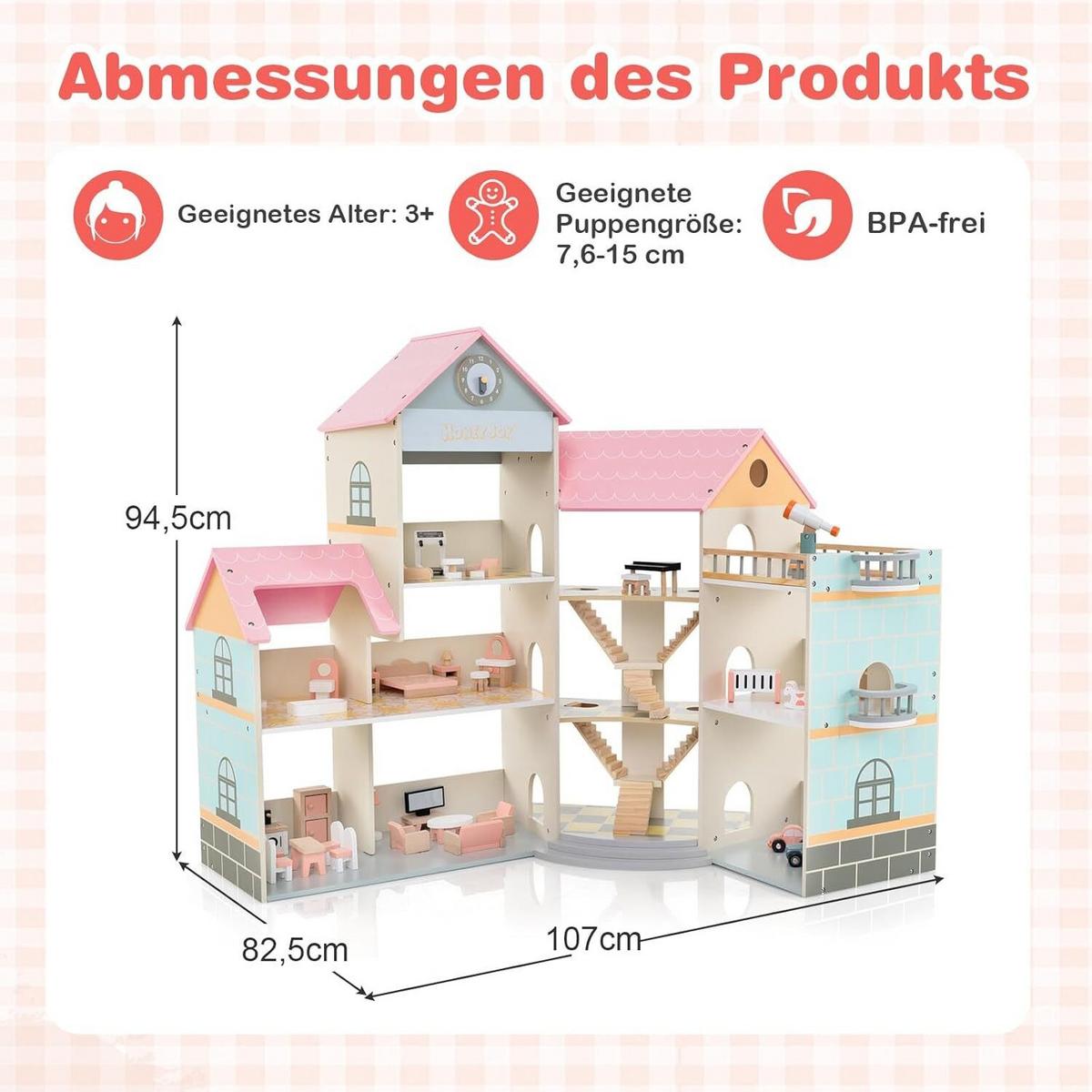 PUPPENHAUS 94cm Rosa - Pink, Holz (87/94/32cm) - COSTWAY