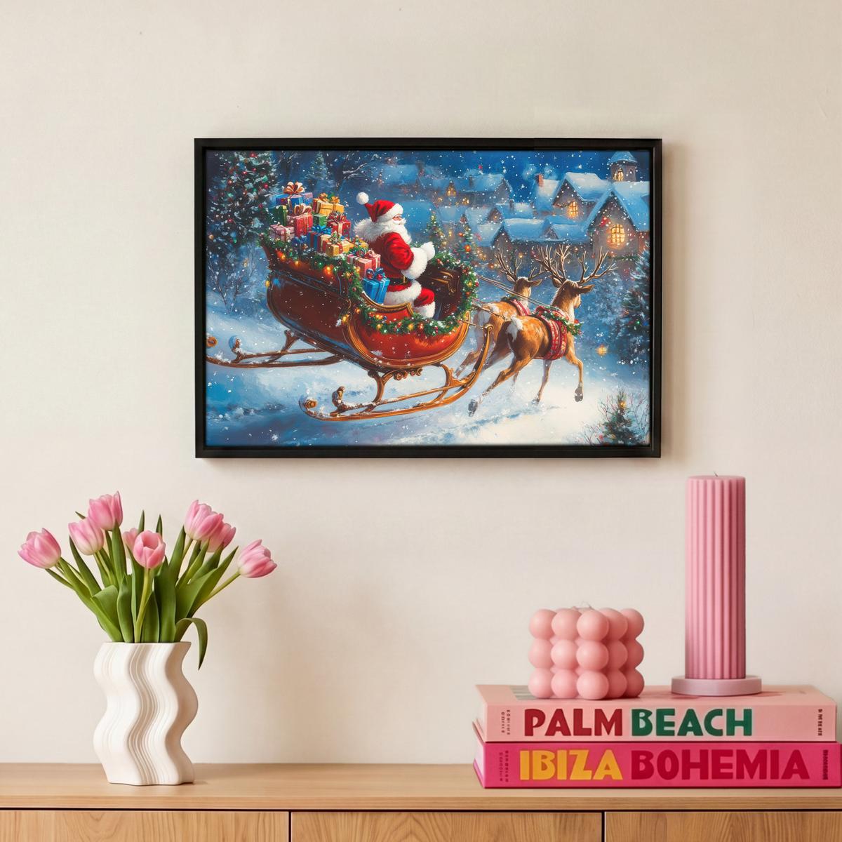 LEINWAND Bilder mit Rahmen - Weihnachtsmann - Rentier - Weihnachten - Schnee - 30x20 - Cognac, Textil (30/20cm) - MuchoWow