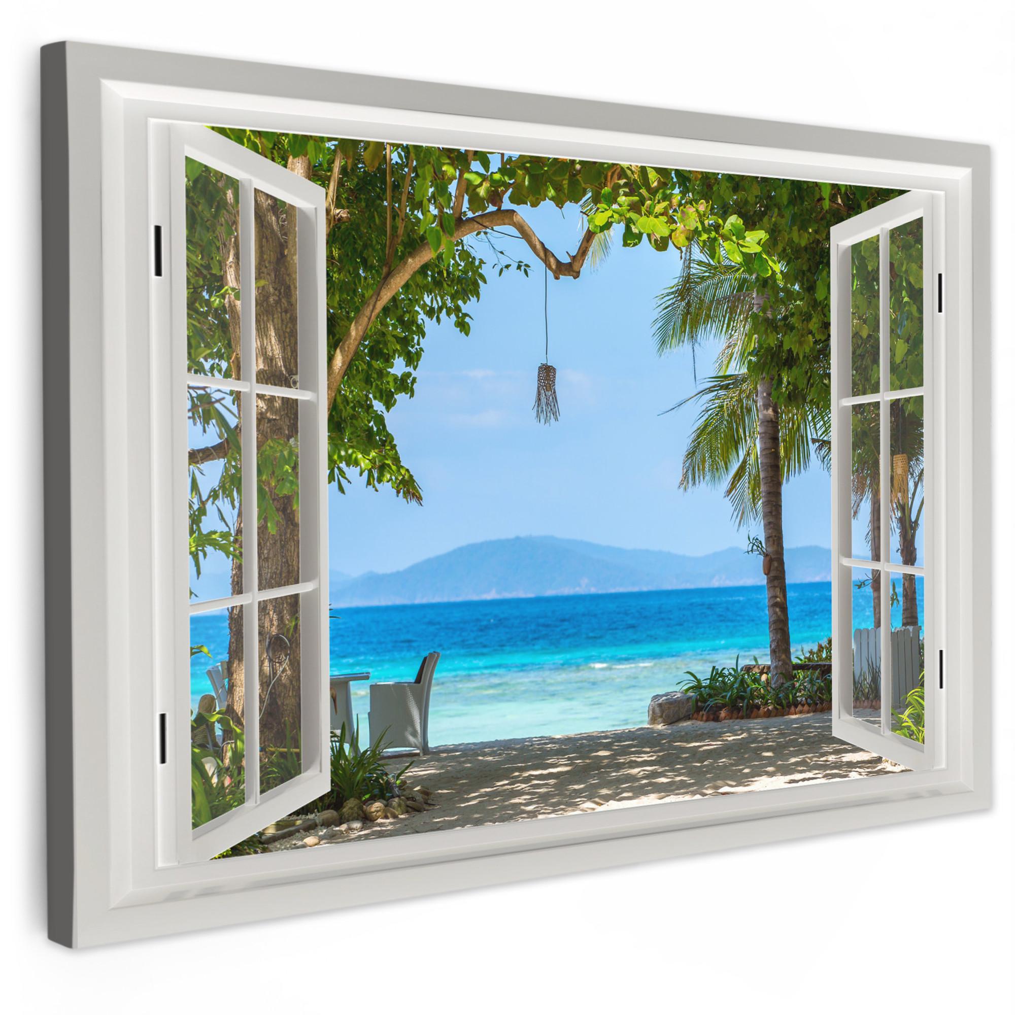 LEINWANDBILD Aussicht - Baum - Meer - Palme - Hügel - Strand - Blau XXL 150x100 cm - Blau, Textil (150/100cm) - MuchoWow
