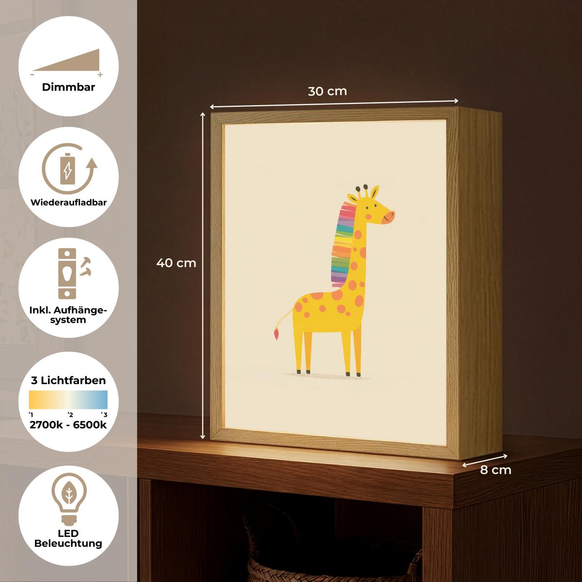 WANDLEUCHTE MIT AKKU Giraffe - Regenbogenmähne - Beige 30x40 cm - Beige, Holzwerkstoff (30/40/8cm) - OnlyWow