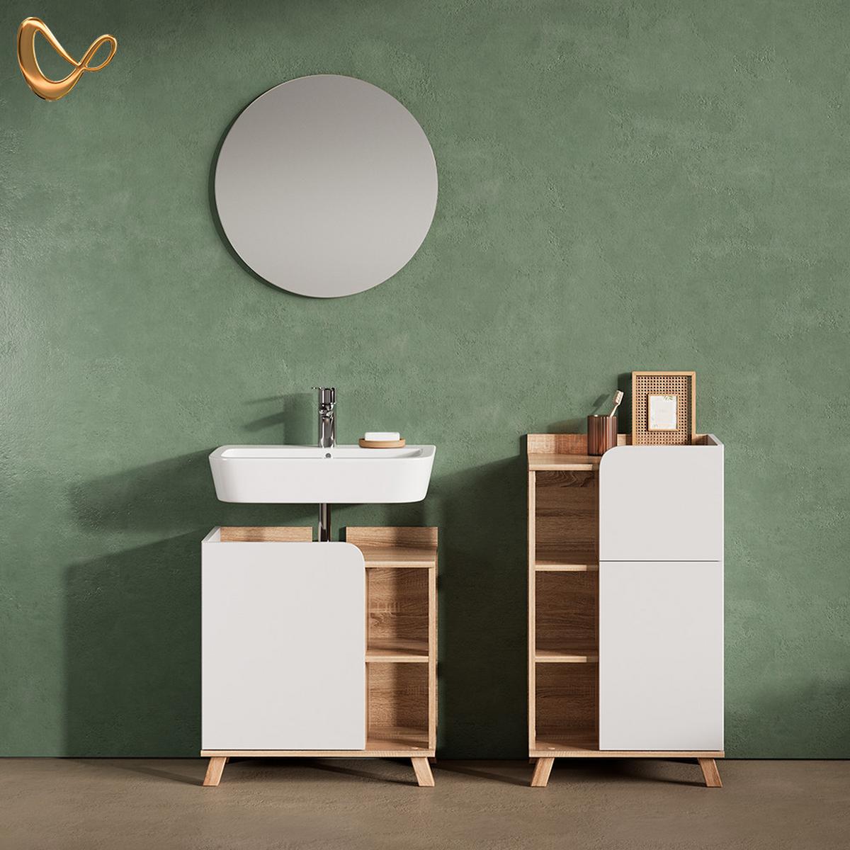 BADMÖBEL-SET Marano Sonoma/Weiß 3 Teile, mit Midischrank - Weiß/Sonoma Eiche, Holzwerkstoff (60/65/35cm) - Livinity®