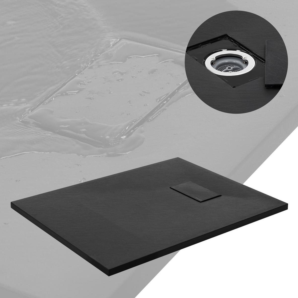 DUSCHWANNE 90x70 cm Schwarz mit Ablaufgarnitur aus SMC - Schwarz, Kunststoff (70/3/90cm) - LuxeBath