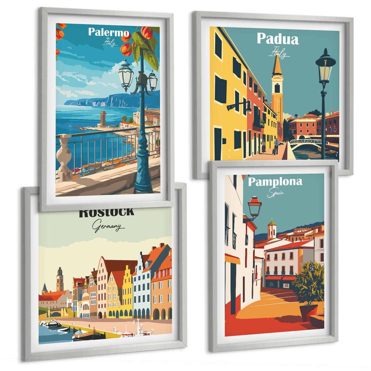 BILDER SET 4er Set - 50x50 cm & 40x60 cm Silberner Rahmen - Retro-Stadtillustrationen - Silberfarben, Kunststoff (50/50cm) - TULUP