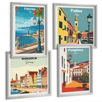 BILDER SET 4er Set - 50x50 cm & 40x60 cm Silberner Rahmen - Retro-Stadtillustrationen - Silberfarben, Kunststoff (50/50cm) - TULUP