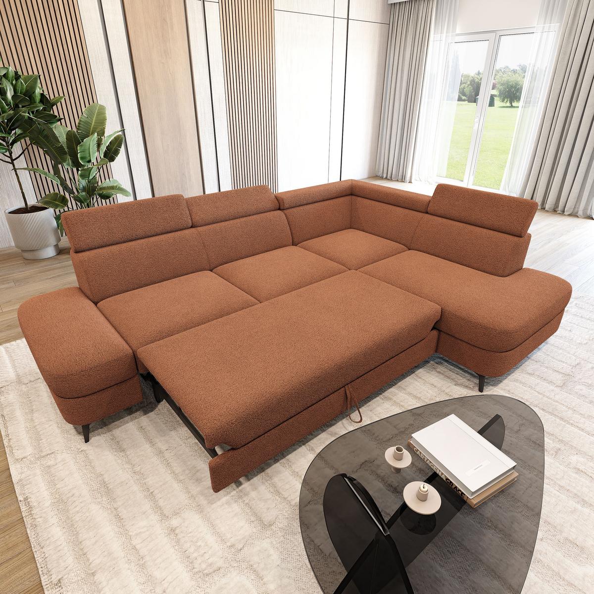 ECKSOFA AVISE Q R-S Orange Boucle-Stoff mit Schlaffunktion - Orange, Holzwerkstoff/Textil (268/195cm) - MASSENO