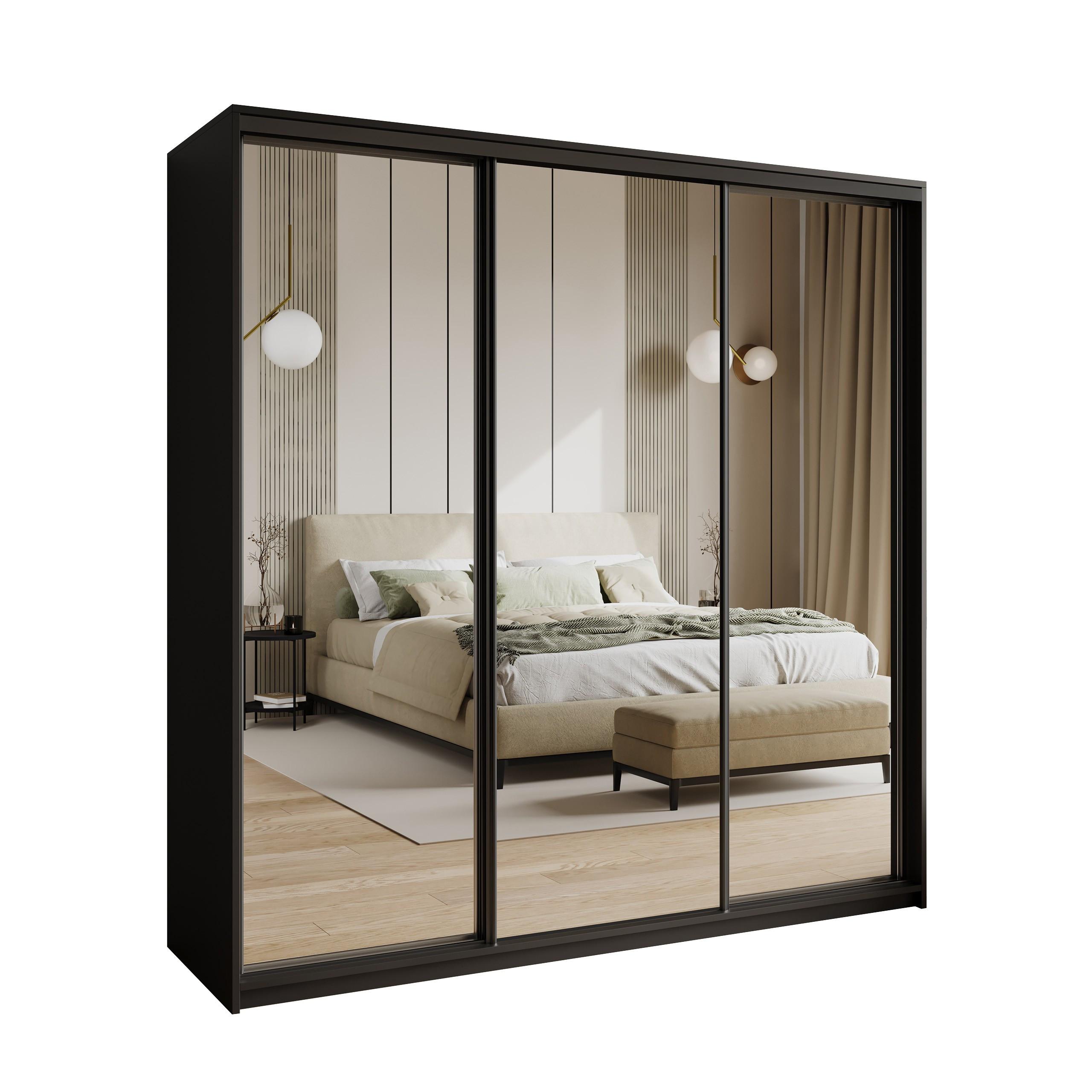 SCHWEBETÜRENSCHRANK RIEN 200/205/60 cm 3-türig mit Spiegel Schwarz - Schwarz, Holzwerkstoff (200/205/60cm) - MASSENO