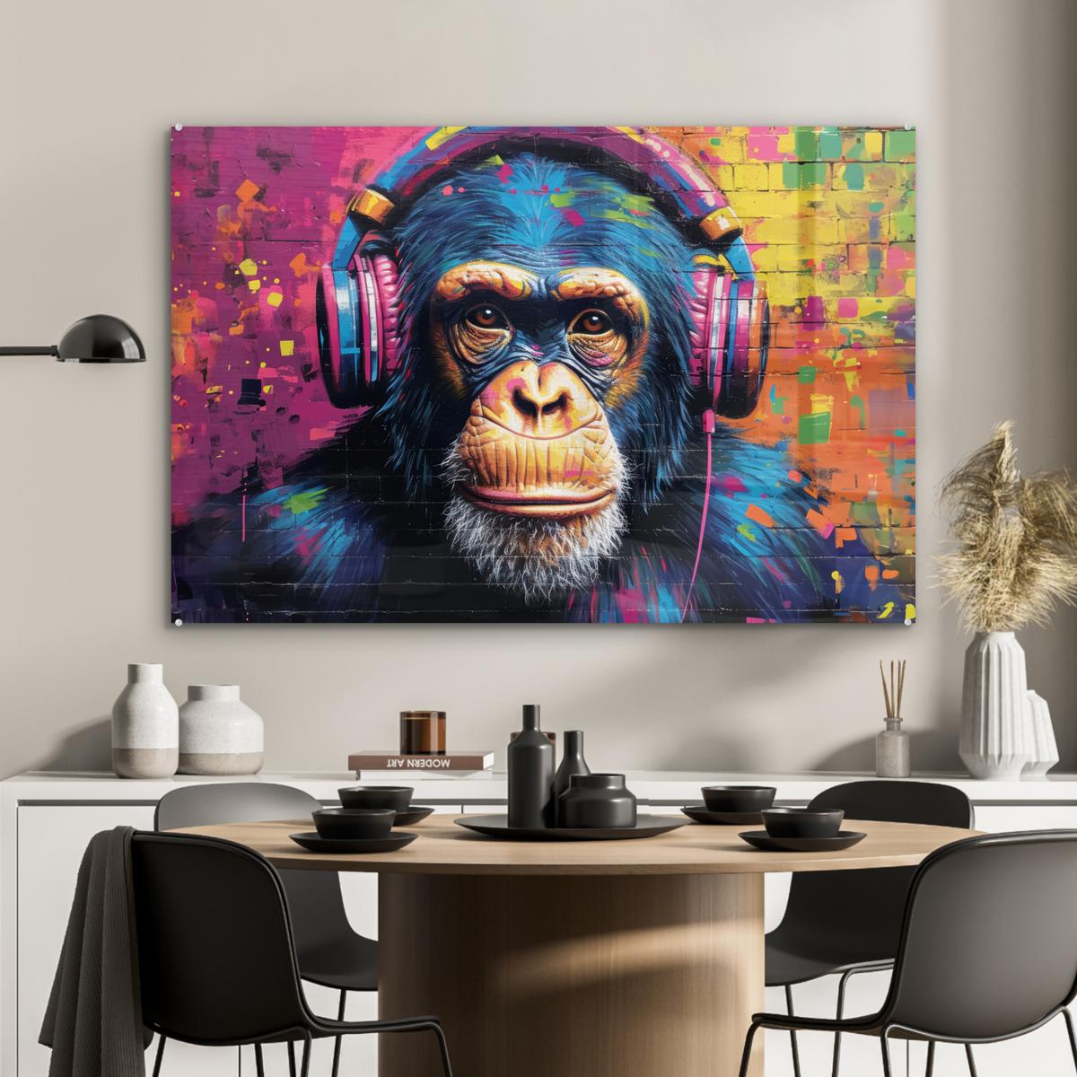 ACRYLGLASBILD Graffiti - Schimpanse - Straßenkunst - Kopfhörer - Affe Room Decor 90x60 cm - Blau, Glas (90/60cm) - MuchoWow