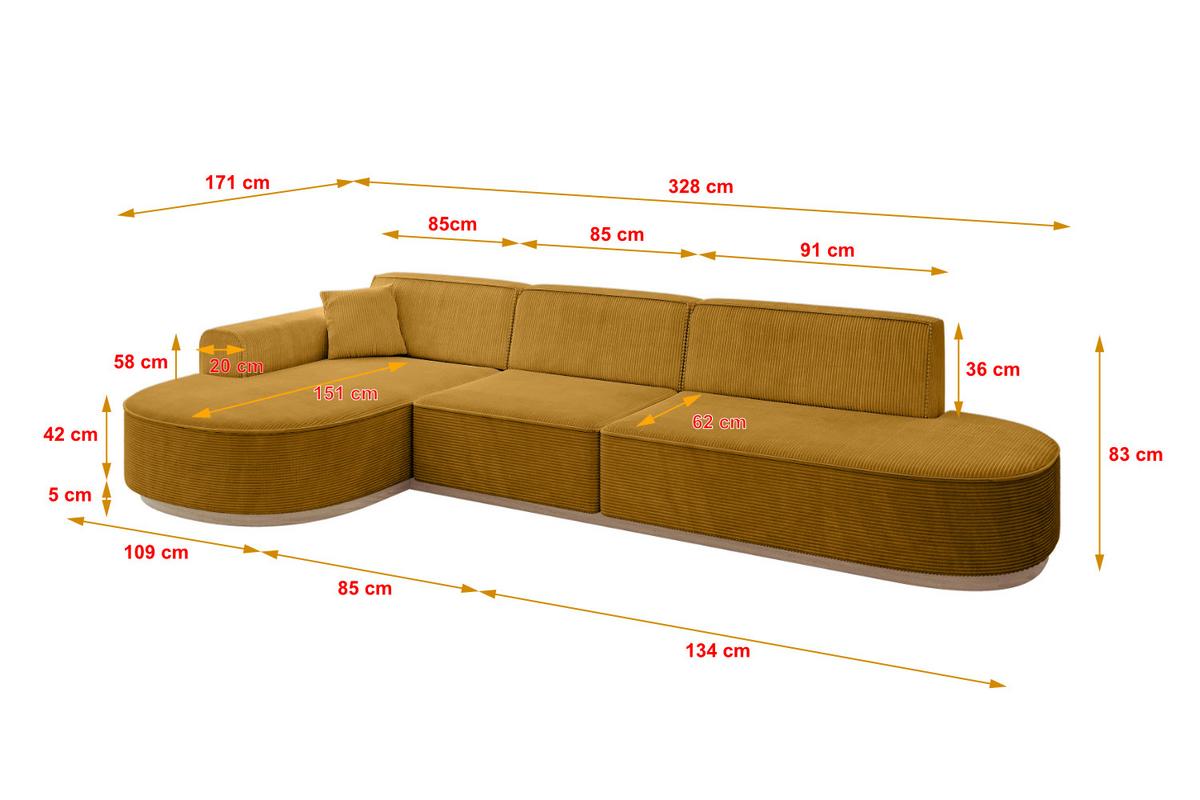 ECKSOFA Ottomane Links MARI-L2-v1 - 328x171x83 cm Senfgelb Cord - Gelb, Holzwerkstoff/Textil (328/171cm) - ALTDECOR