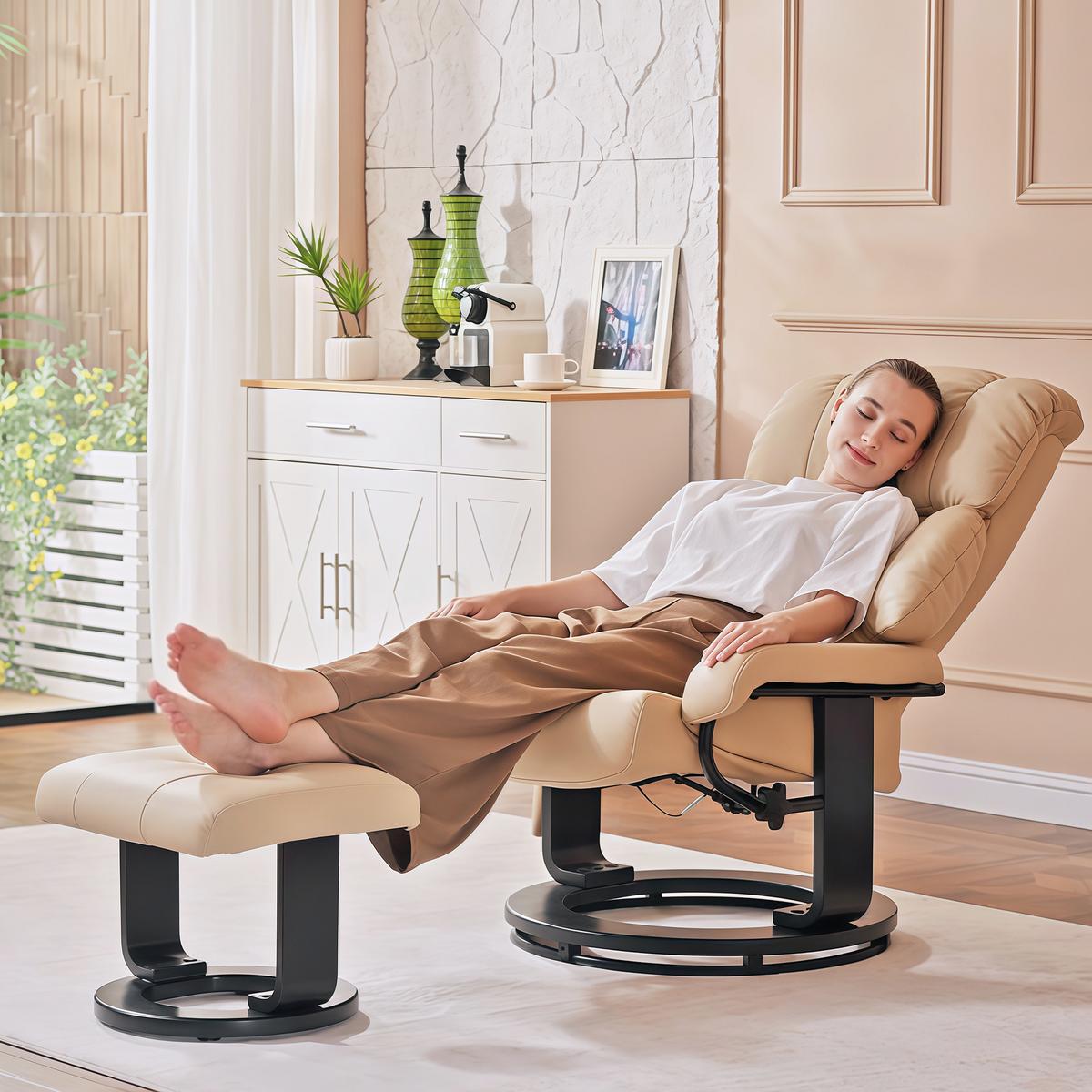 RELAXSESSEL mit Liegefunktion Massagesessel inkl. Hocker Fernsehsessel drehbar - Creme/Schwarz, Leder/Kunststoff (80/102/76cm) - HOMCOM
