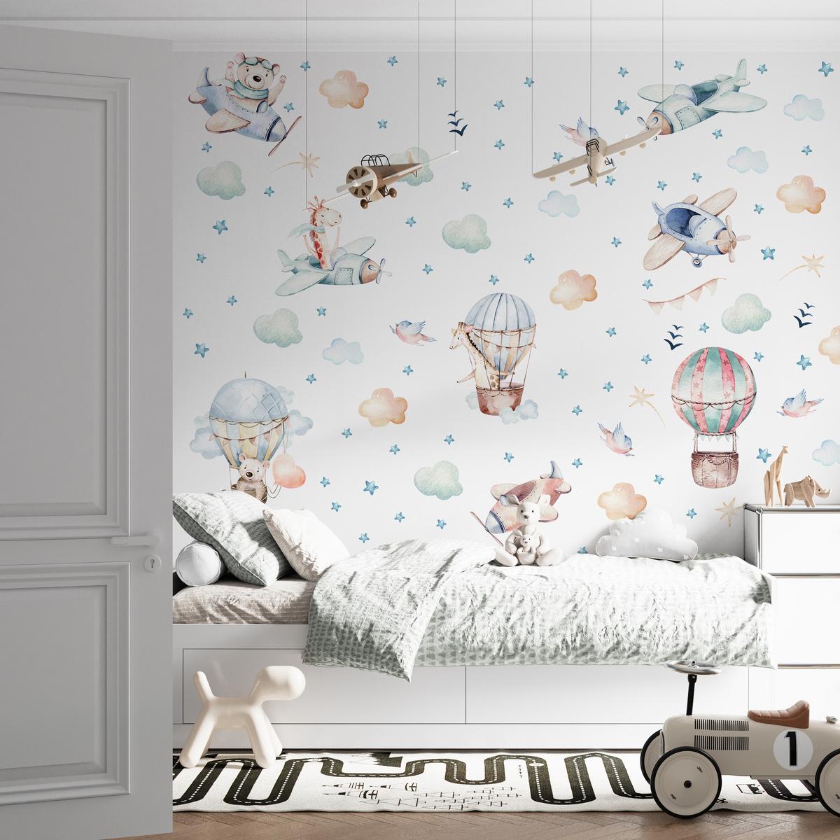 WANDAUFKLEBER SET Wilde Tiere Wolken Flugzeuge Luftballons 120x60 - Beige/Rosa, Papier (120/60/1cm) - Muralo
