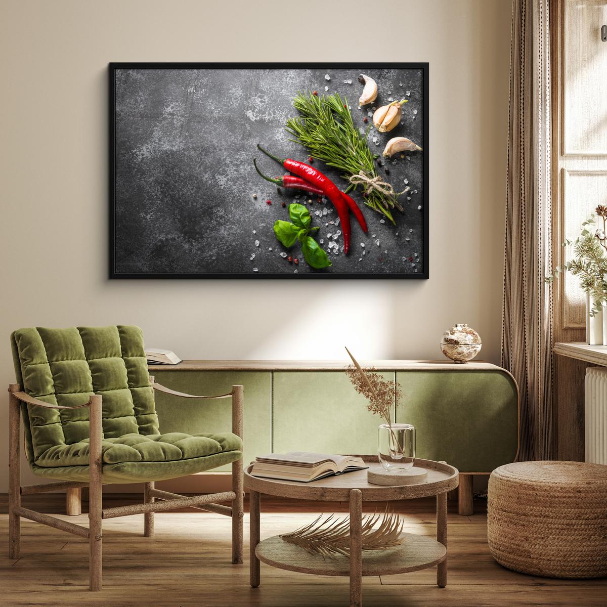 POSTER MIT RAHMENGERAHMTES BILD Pfeffer - Kräuter - Gewürze - Beton 120x80 cm - Dunkelgrau, Papier (120/80cm) - MuchoWow